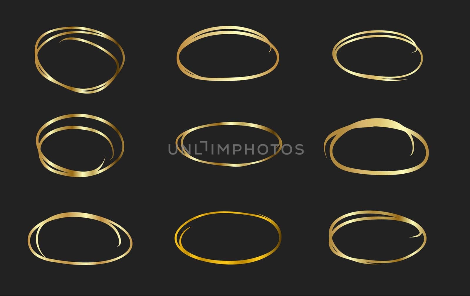 Circle gold frame set of Hand Drawn. Abstract vector design element. Gold concept, shining circle with thin realistic line for poster, banner, cover, print.