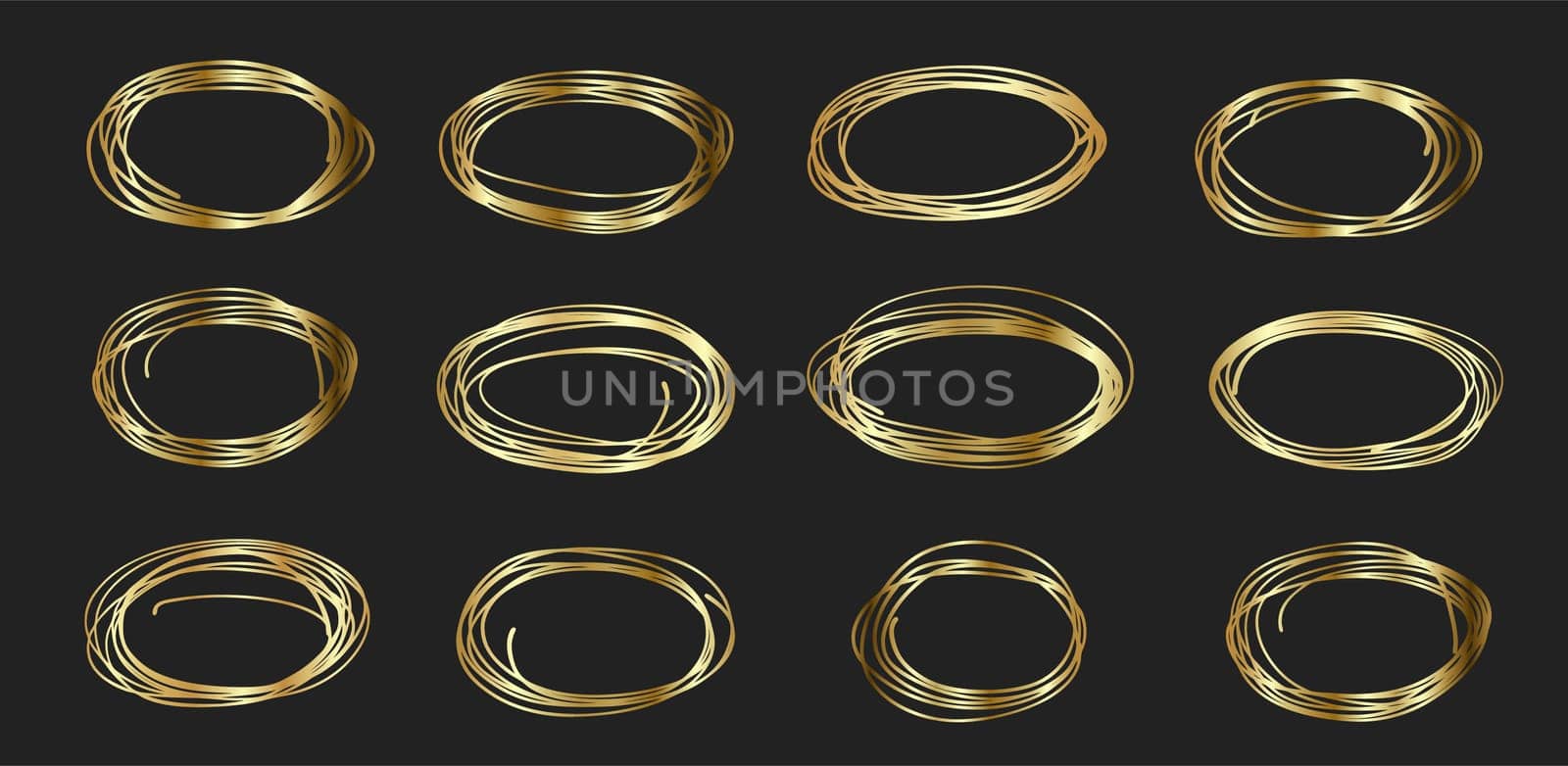 Circle gold frame set of Hand Drawn. Abstract vector design element. Gold concept, shining circle with thin realistic line for poster, banner, cover, print.