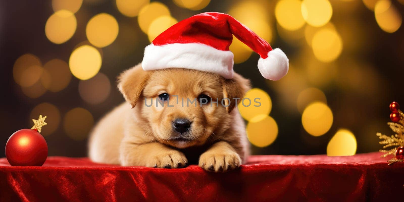 Adorable dog wearing Santa hats at room decorated for Christmas comeliness