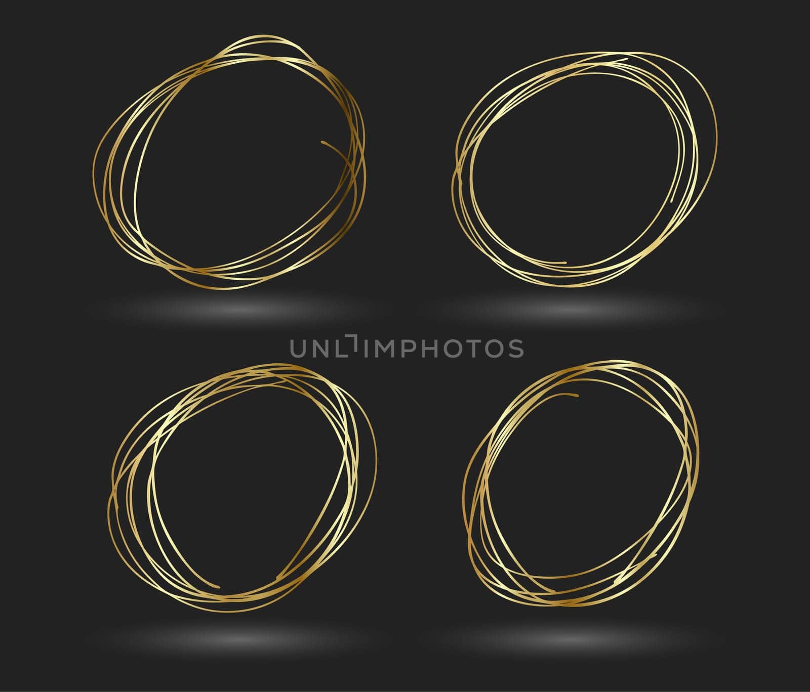 Circle gold frame set of Hand Drawn. Abstract vector design element. Gold concept, shining circle with thin realistic line for poster, banner, cover, print.