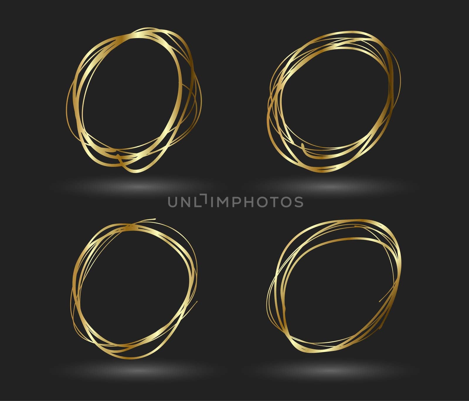 Circle gold frame set of Hand Drawn. Abstract vector design element. Gold concept, shining circle with thin realistic line for poster, banner, cover, print.