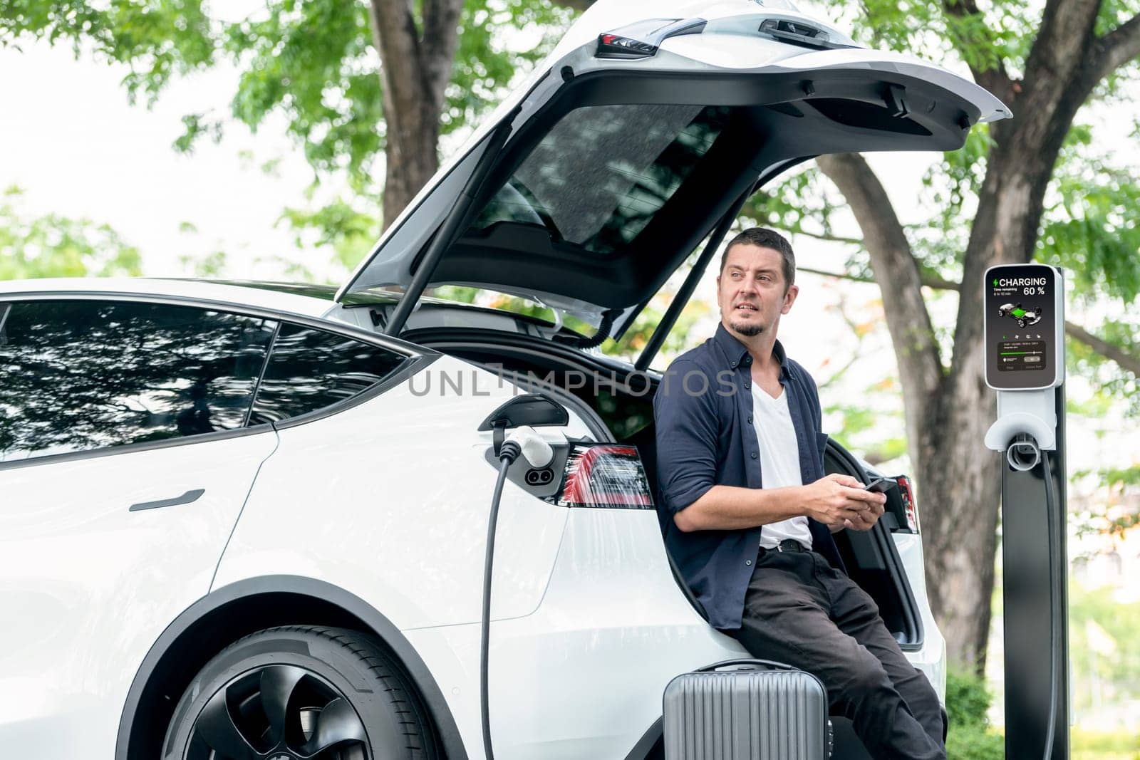 Man using smartphone online banking application to pay for electric car battery charging from EV charging station during vacation holiday road trip at national park or summer forest. Exalt