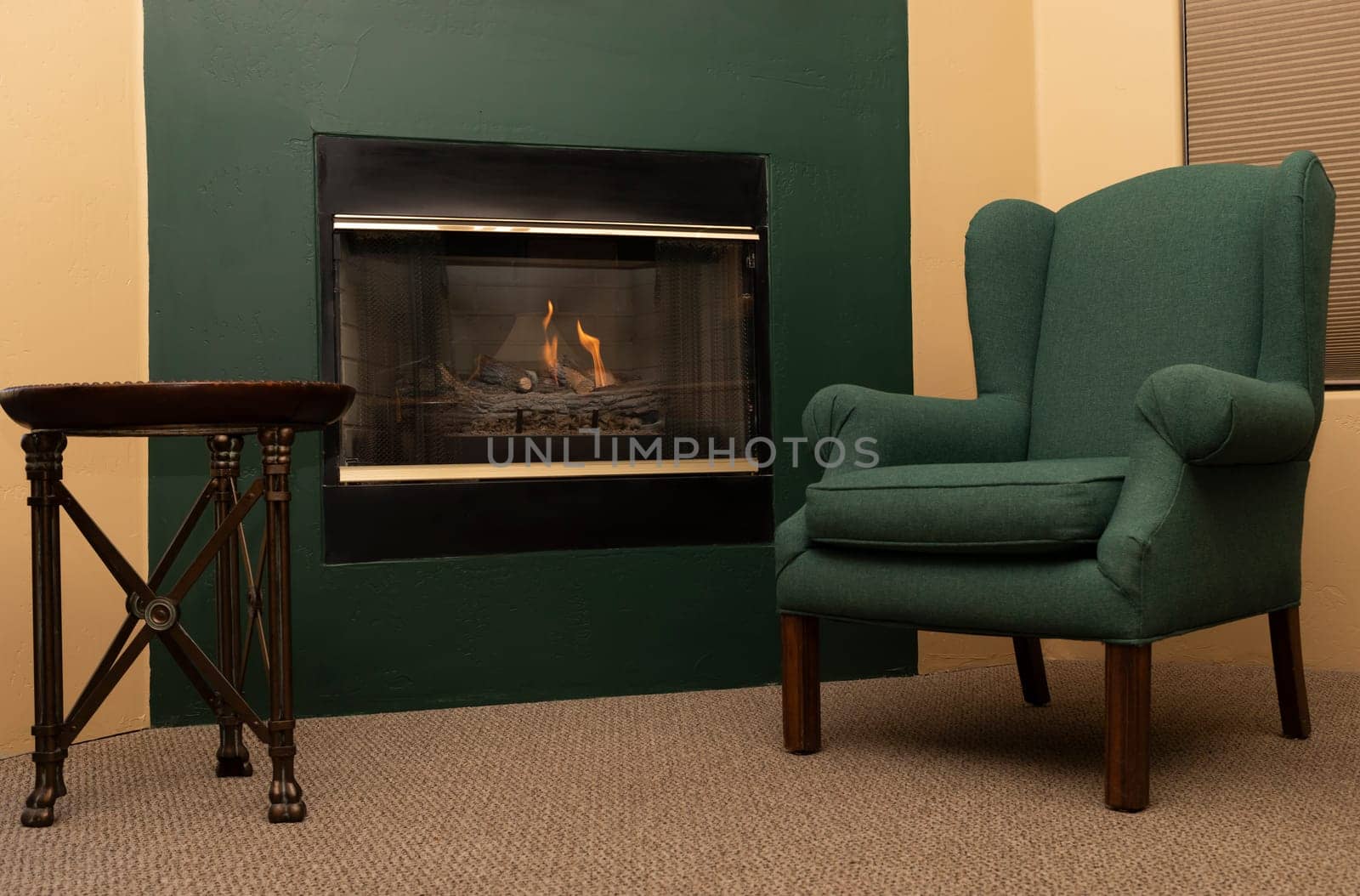 Green Beige Living Room Interior With Gas Electric Fireplace With Wood, Chair And Coffee Table, Carpet On Floor. Horizontal Plane. Winter Mood, Comfort At Home. Recreation In Cabins On Mountains by netatsi