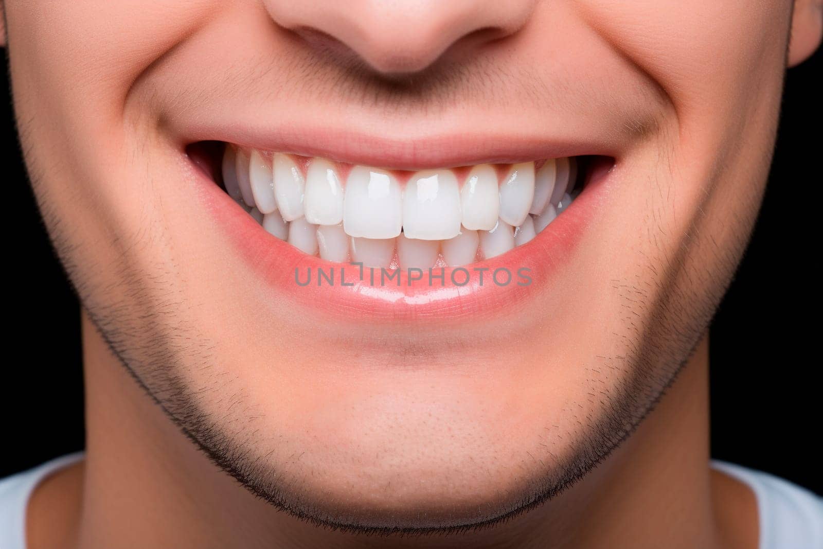 Closeup of mans smile with clean white teeth.