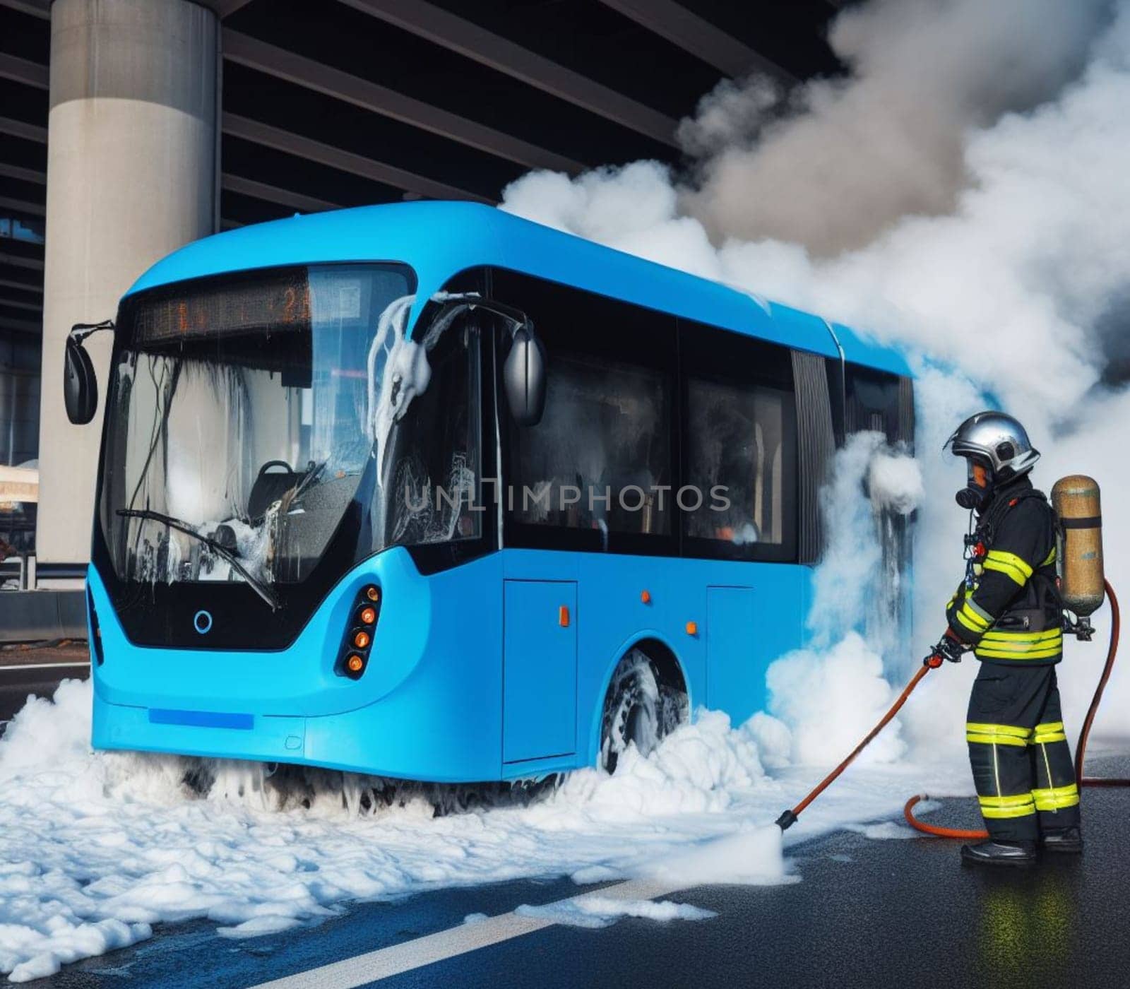 electric hybrid city bus burn bottom chasis, firefighter apply foam to extinguish flames big smoke by verbano
