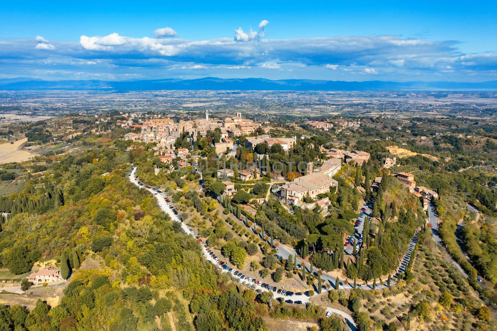 Village of Montepulciano with wonderful architecture and houses. A beautiful old town in Tuscany, Italy. Aerial view of the medieval town of Montepulciano, Italy