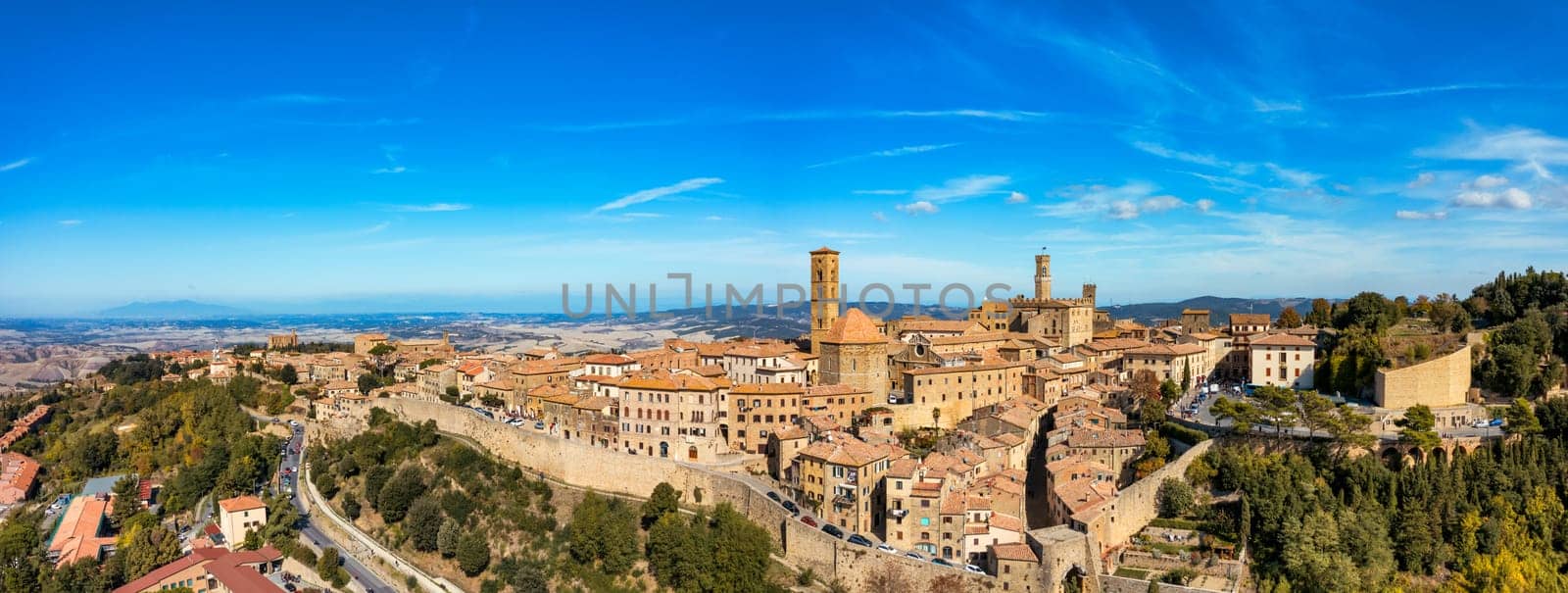 Tuscany, Volterra town skyline, church and panorama view. Maremma, Italy, Europe. Panoramic view of Volterra, medieval Tuscan town with old houses, towers and churches, Tuscany, Italy.