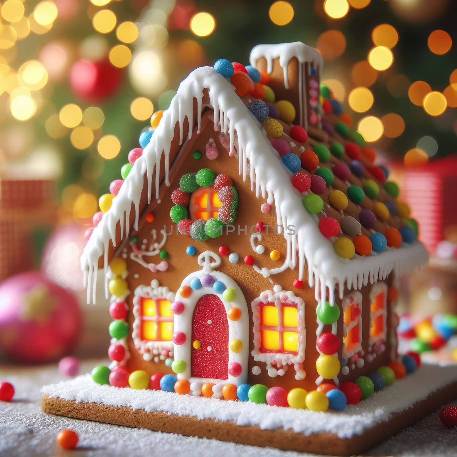 handmade Christmas gingerbread house decorated with star-shaped candies sits on a wooden table. Christmas tree lights in the background. Delicious cookies prepared for the holiday.