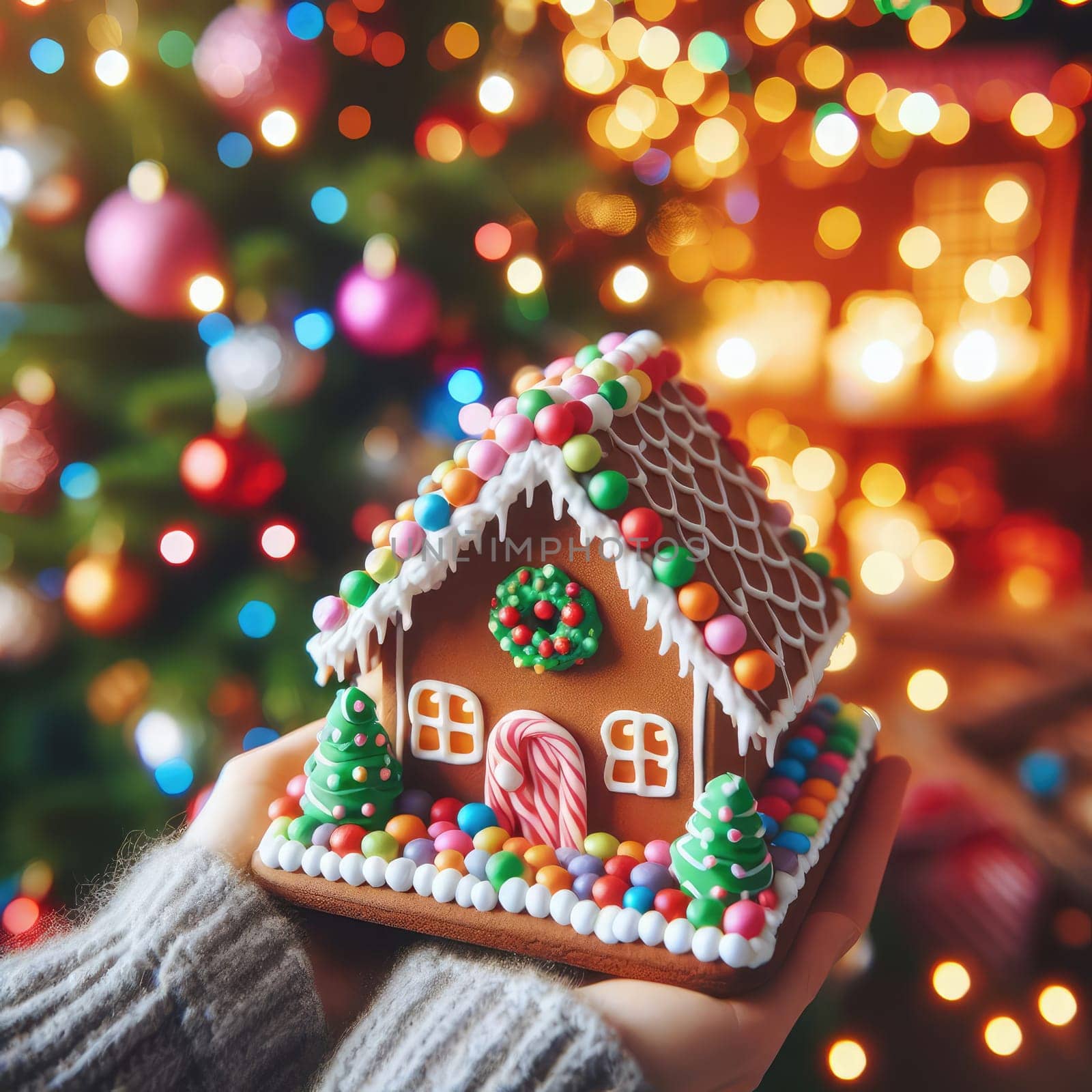 handmade Christmas gingerbread house decorated with star-shaped candies sits on a wooden table. Christmas tree lights in the background. Delicious cookies prepared for the holiday.