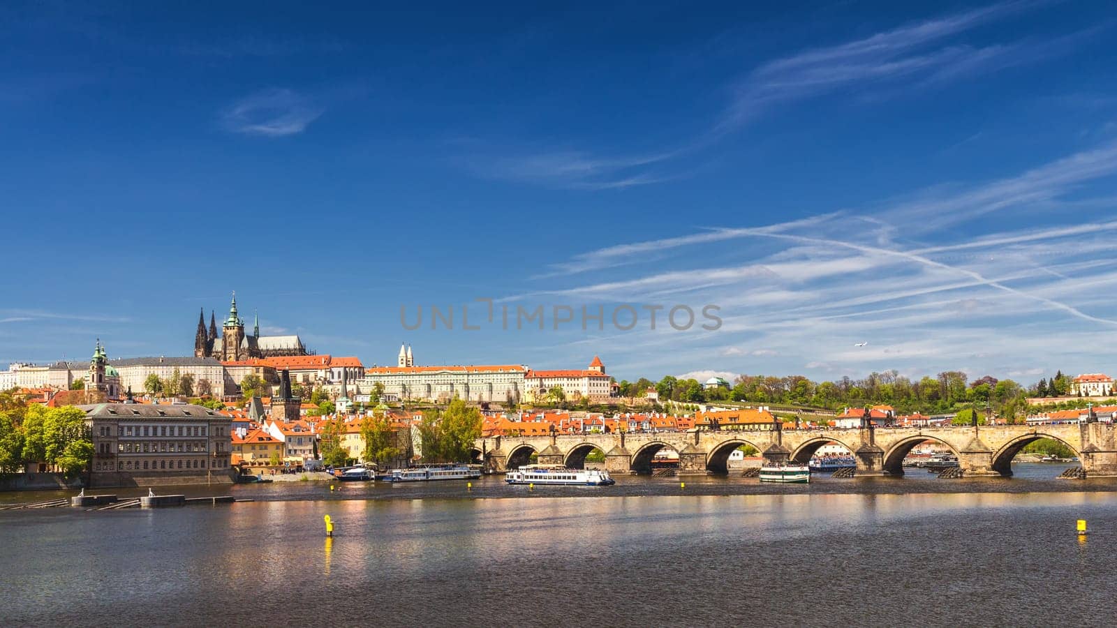 Skyline view panorama of Charles bridge (Karluv Most) with Old Town in Prague. Czech Republic