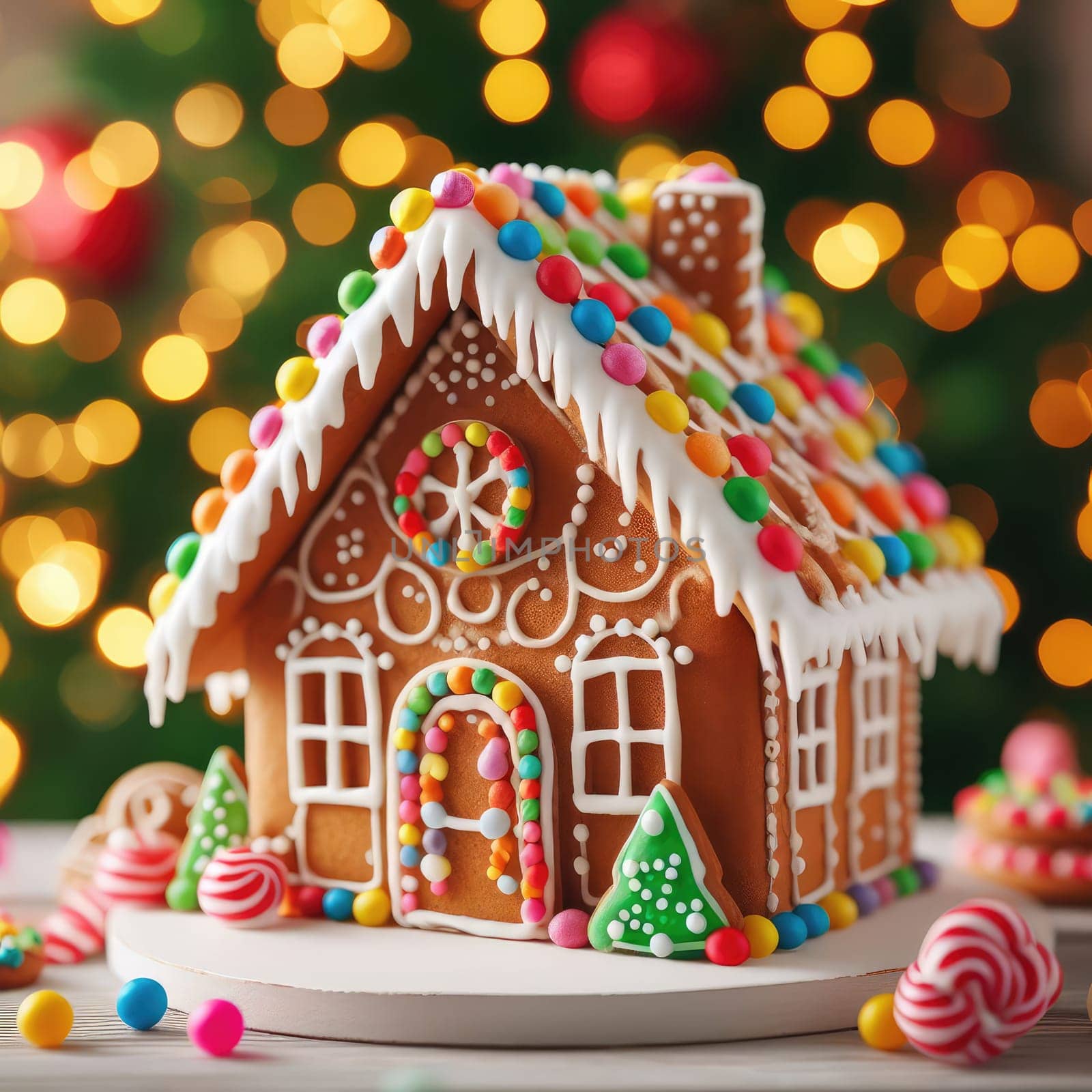 handmade Christmas gingerbread house decorated with star-shaped candies sits on a wooden table. Christmas tree lights in the background. Delicious cookies prepared for the holiday.