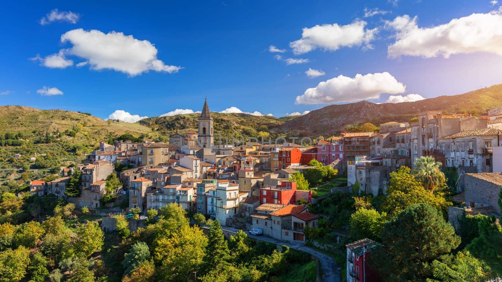 Amazing cityscape of Novara di Sicilia town. Aerial view of Novara di Sicilia, Sicily, Italy, Europe. Mountain village Novara di Sicilia, Sicily, Italy.