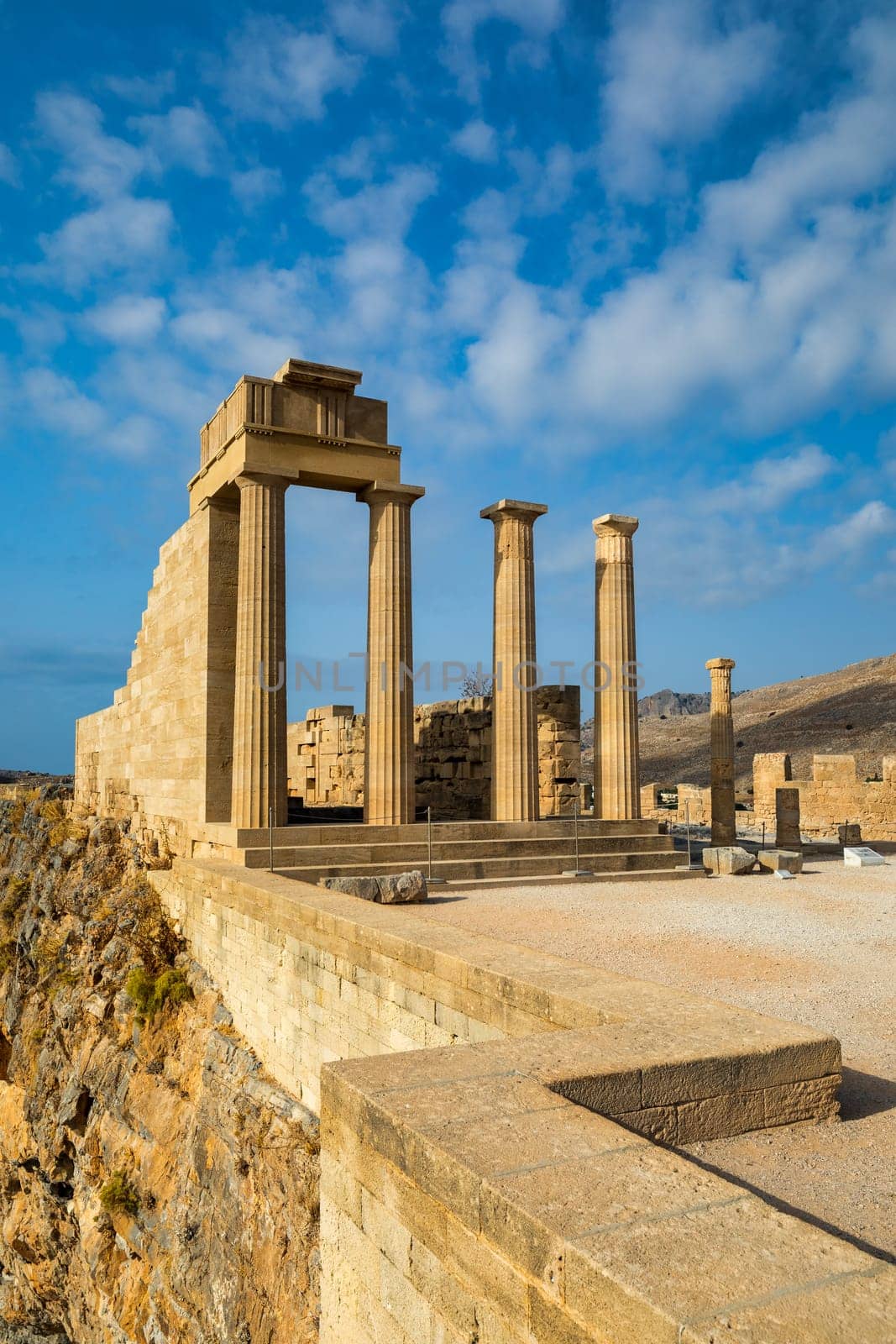 Ruins of Acropolis of Lindos view, Rhodes, Dodecanese Islands, Greek Islands, Greece. Acropolis of Lindos, ancient architecture of Rhodes, Greece. 