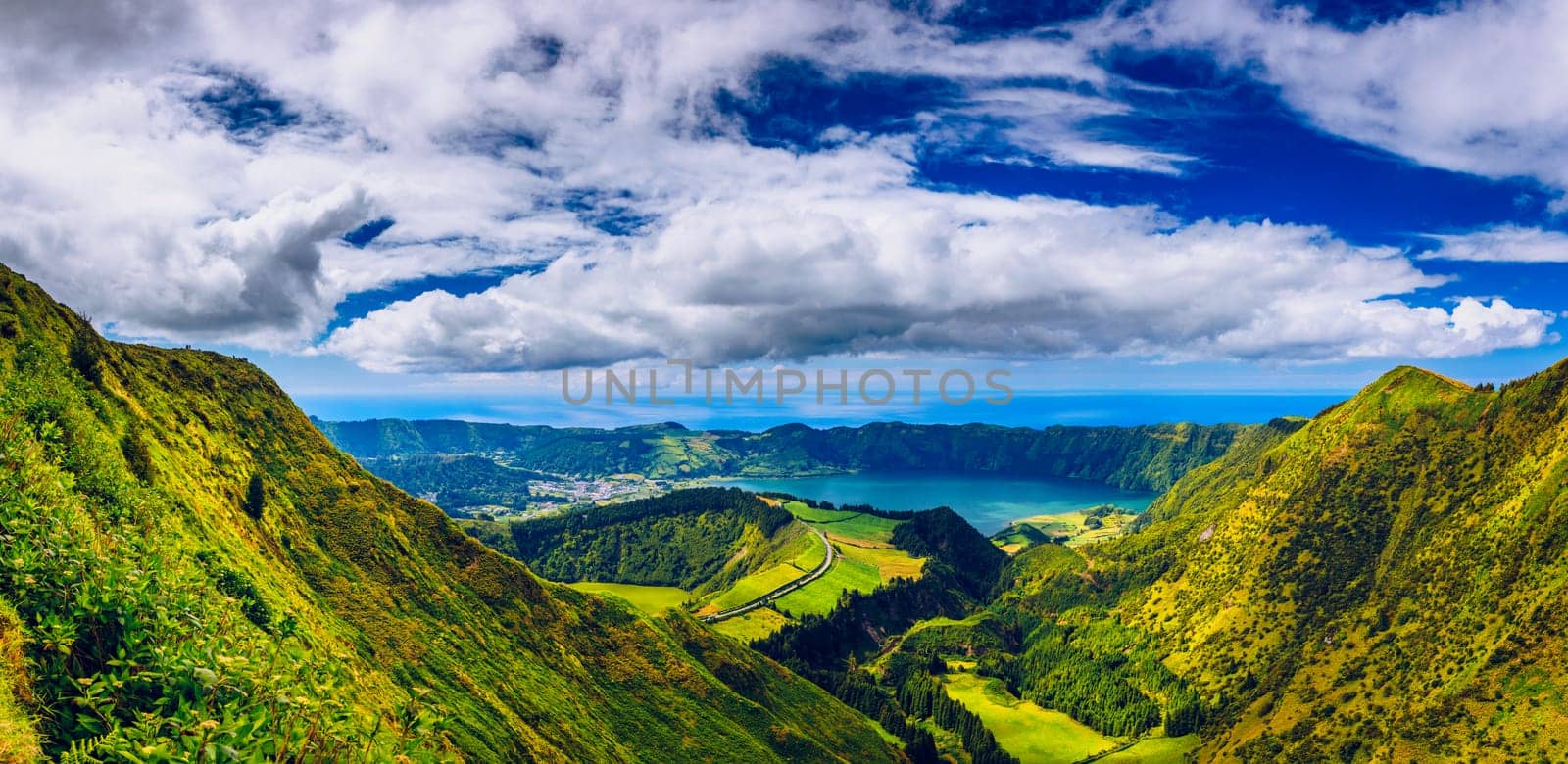 View of Sete Cidades near Miradouro da Grota do Inferno viewpoint, Sao Miguel Island, Azores, Portugal. Grota do Inferno viewpoint at Sete Cidades on Sao Miguel Island, Azores, Portugal.