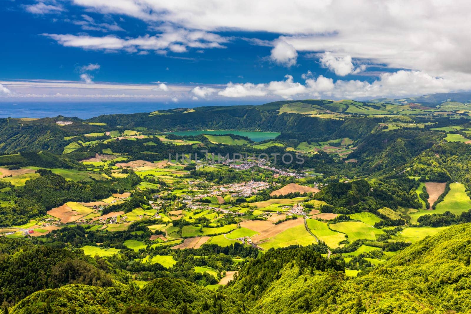 Landscape view in Salto do Cavalo (Horse Jump) with the Lagoon of Furnas in the Background, São Miguel island, Azores, Portugal. Miradouro do Salto do Cavalo in Sao Miguel, Azores, Portugal