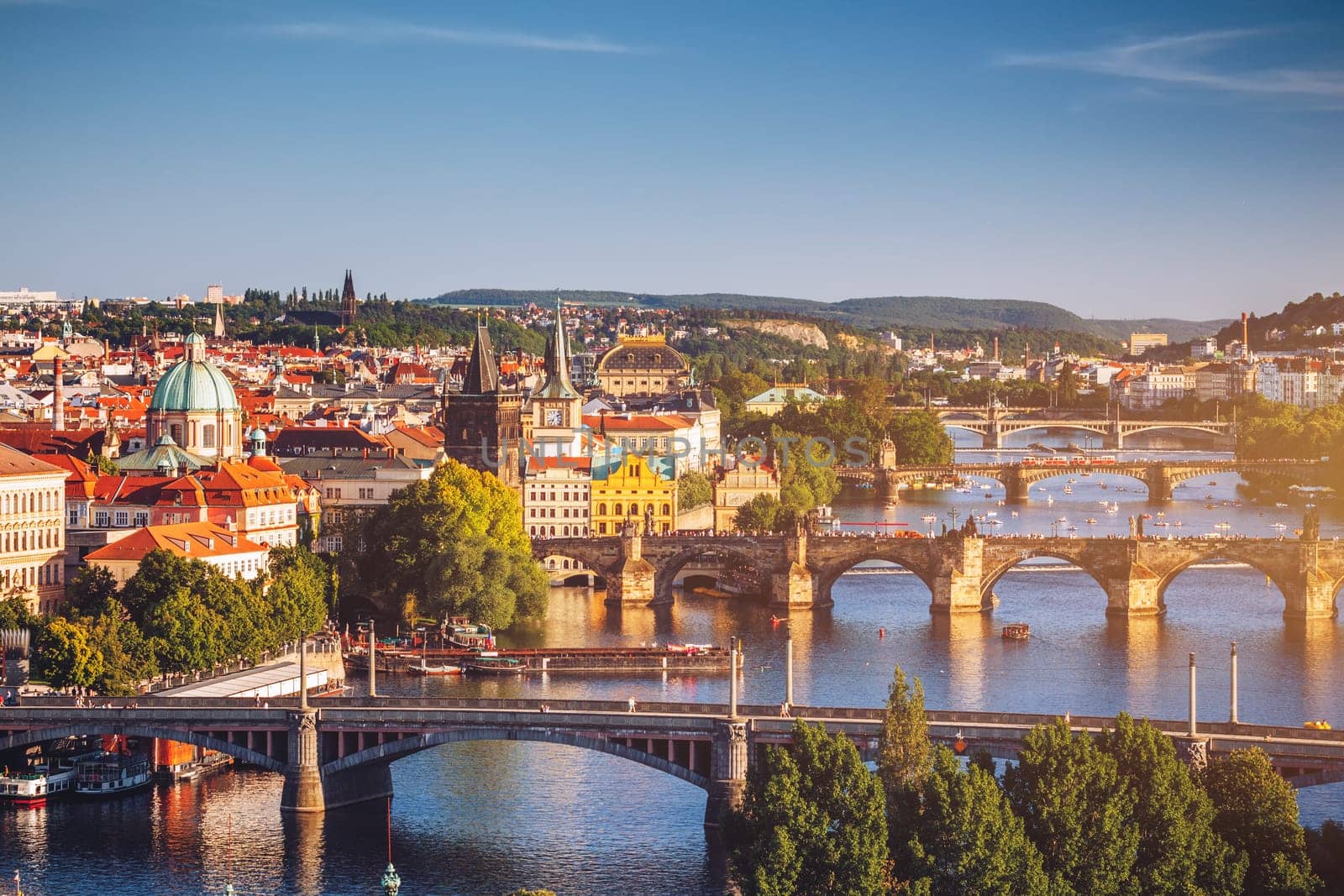 Prague View of the Vltava River and the bridges shined with the sunset sun, Prague, the Czech Republic
