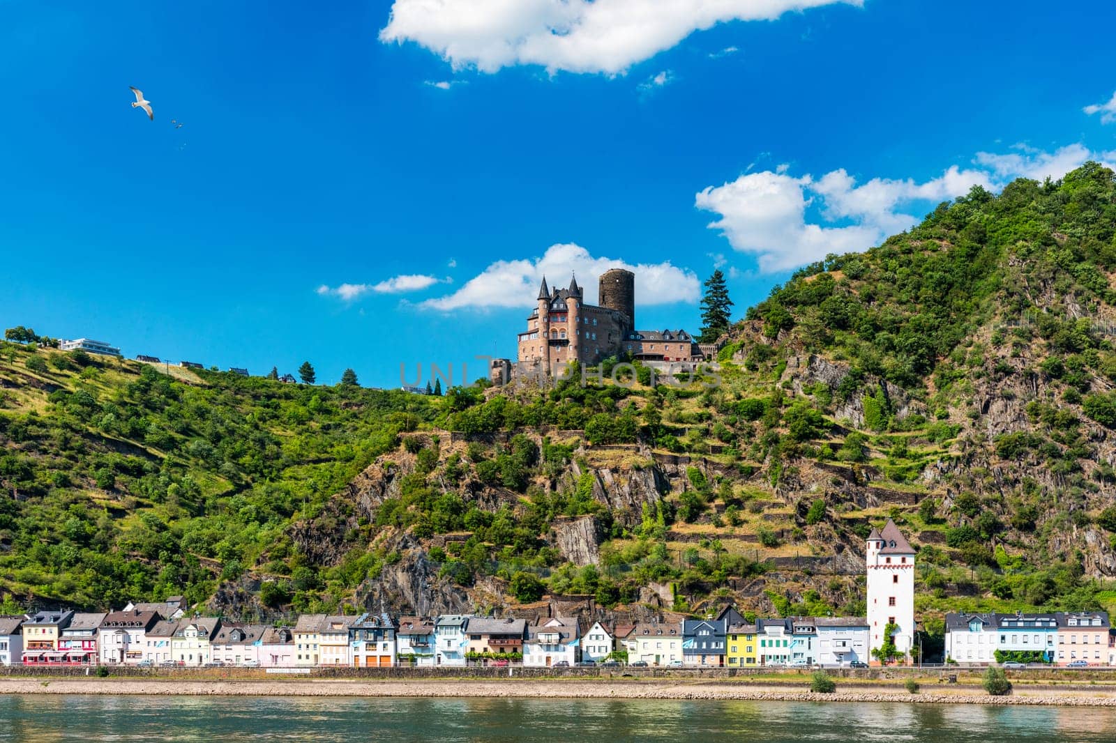 Bacharach panoramic view. Bacharach is a small town in Rhine valley in Rhineland-Palatinate, Germany. Bacharach is a small town in Rhine valley in Rhineland-Palatinate, Germany
Katz castle and romantic Rhine in summer at sunset, Germany. Katz Castle or Burg Katz is a castle ruin above the St. Goarshausen town in Rhineland-Palatinate region, Germany