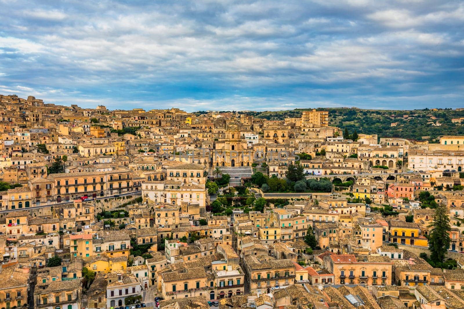 View of Modica, Sicily, Italy. Modica (Ragusa Province), view of the baroque town. Sicily, Italy. Ancient city Modica from above, Sicily, Italy by DaLiu