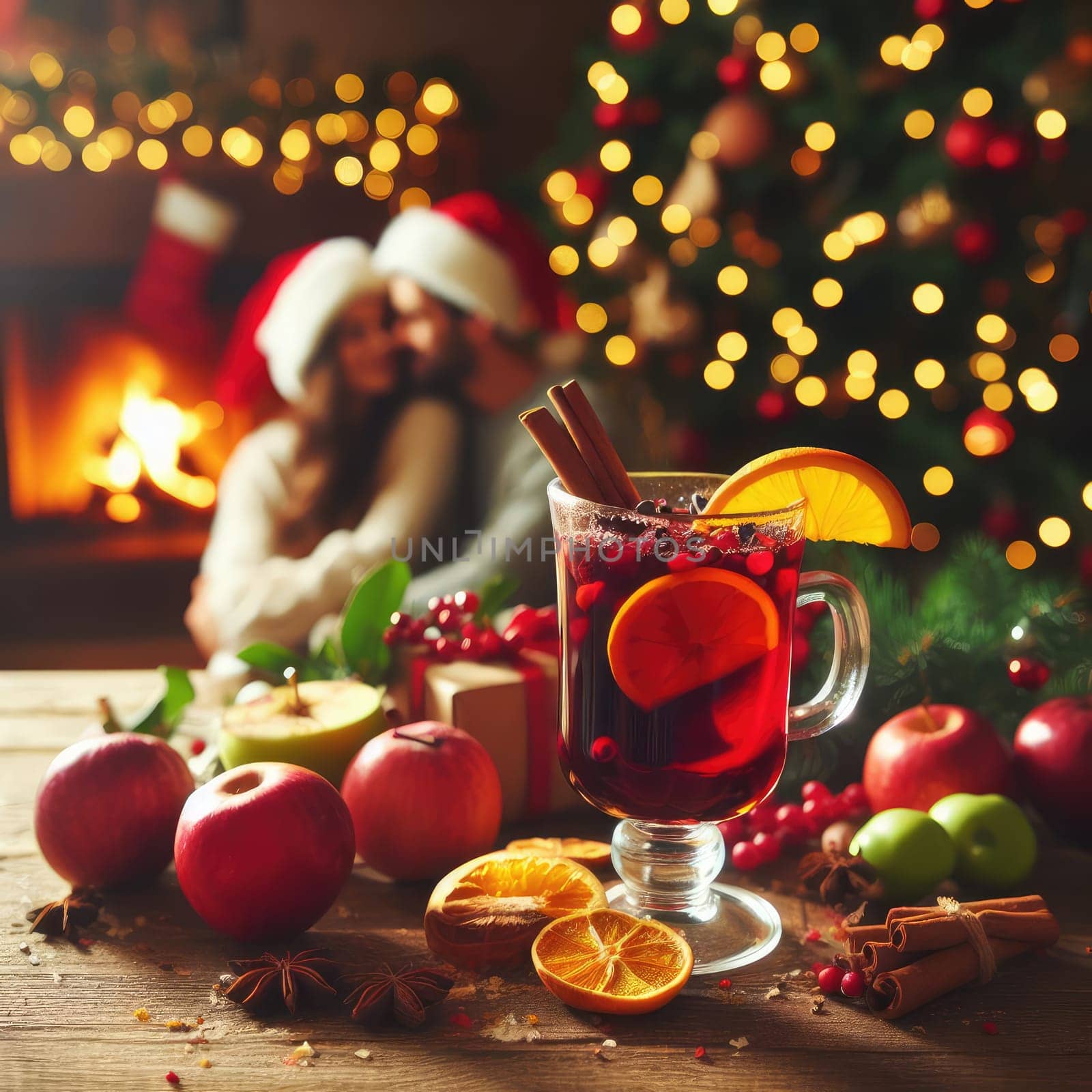 Christmas traditional mulled wine on a wooden table against Christmas tree, fireplace and loving couple on background. macro lens with bokeh