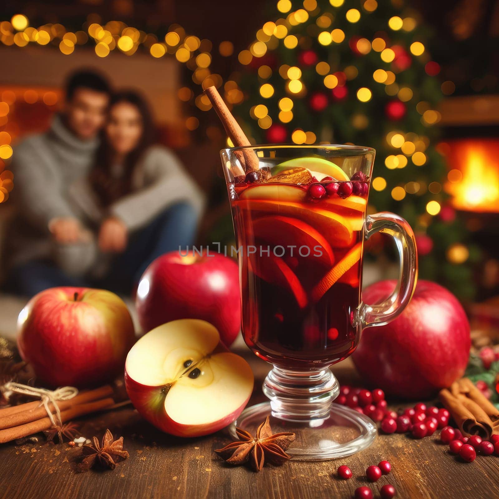 Couple relaxing with glasses of red wine at romantic fireplace on winter evening by Kobysh