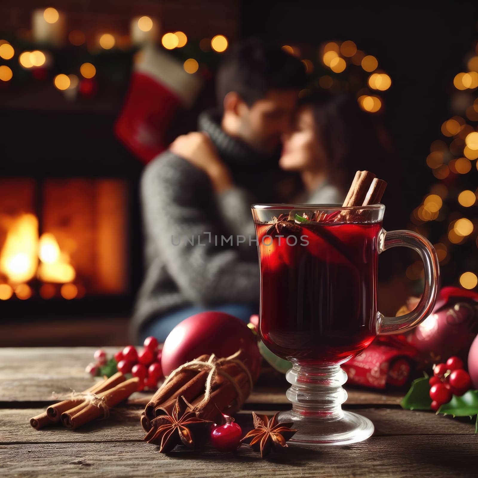 Christmas traditional mulled wine on a wooden table against Christmas tree, fireplace and loving couple on background. macro lens with bokeh