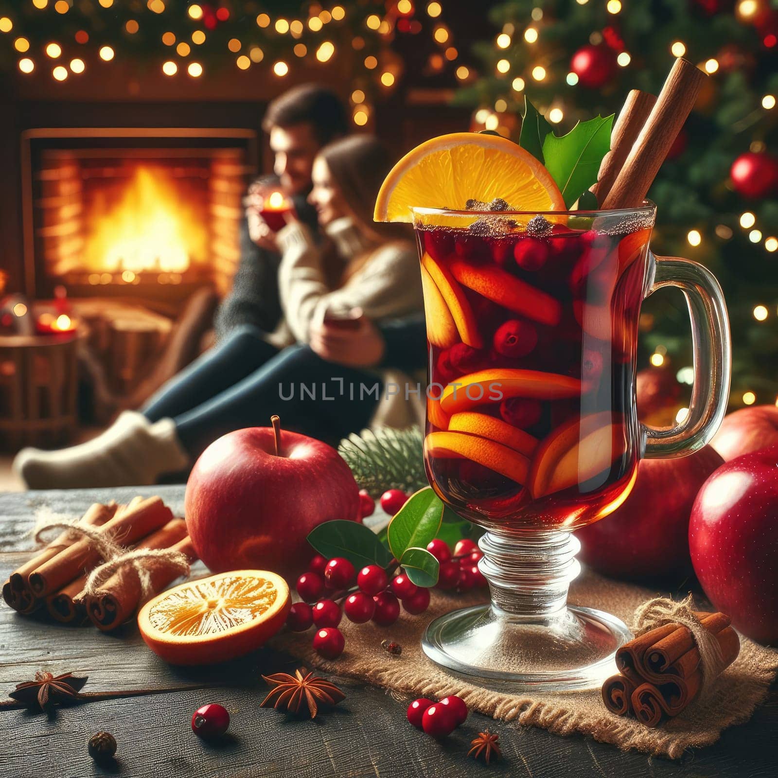 Christmas traditional mulled wine on a wooden table against Christmas tree, fireplace and loving couple on background. macro lens with bokeh