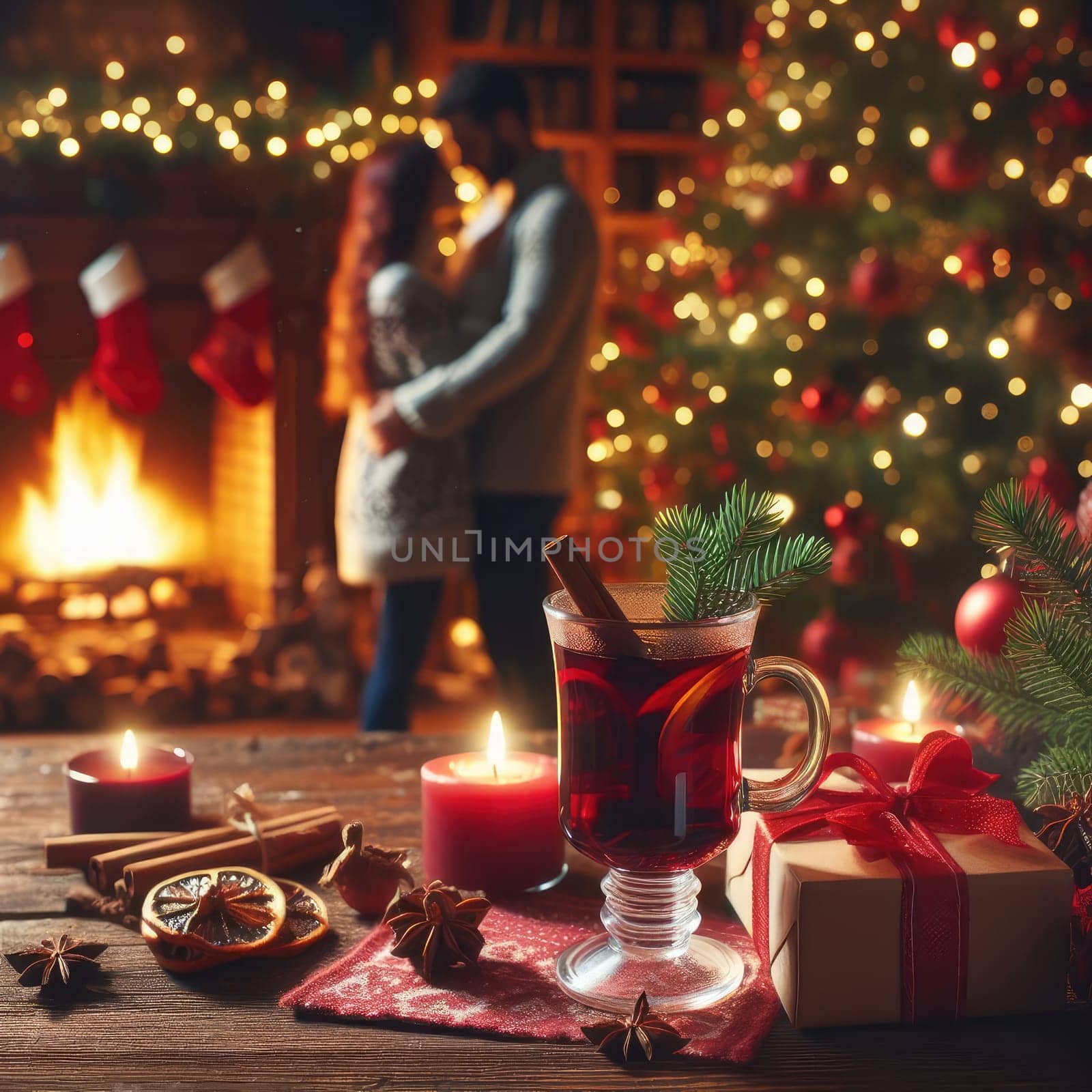 Christmas traditional mulled wine on a wooden table against Christmas tree, fireplace and loving couple on background. macro lens with bokeh