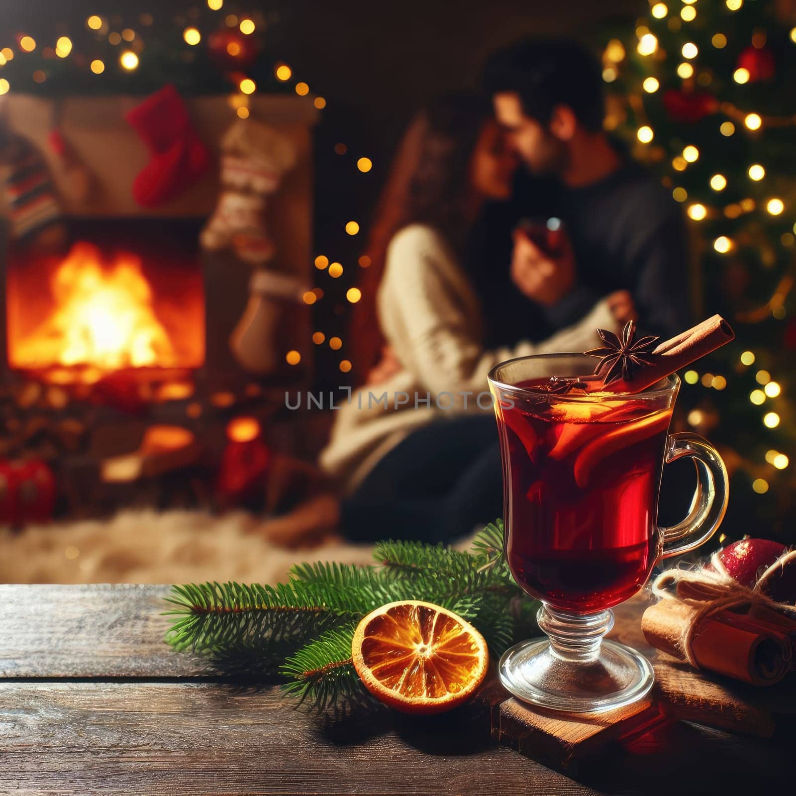 Christmas traditional mulled wine on a wooden table against Christmas tree, fireplace and loving couple on background. macro lens with bokeh