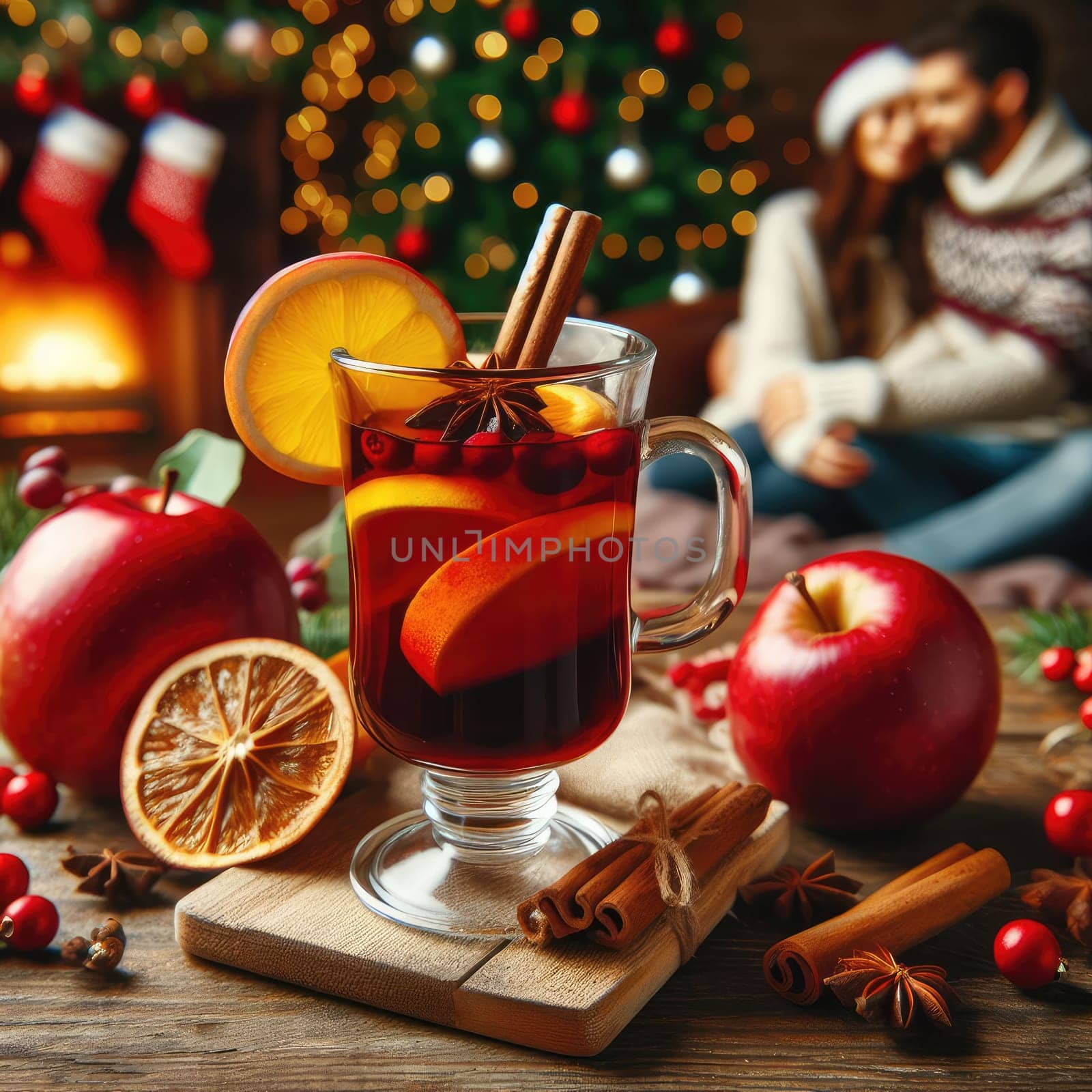 Christmas traditional mulled wine on a wooden table against Christmas tree, fireplace and loving couple on background. macro lens with bokeh