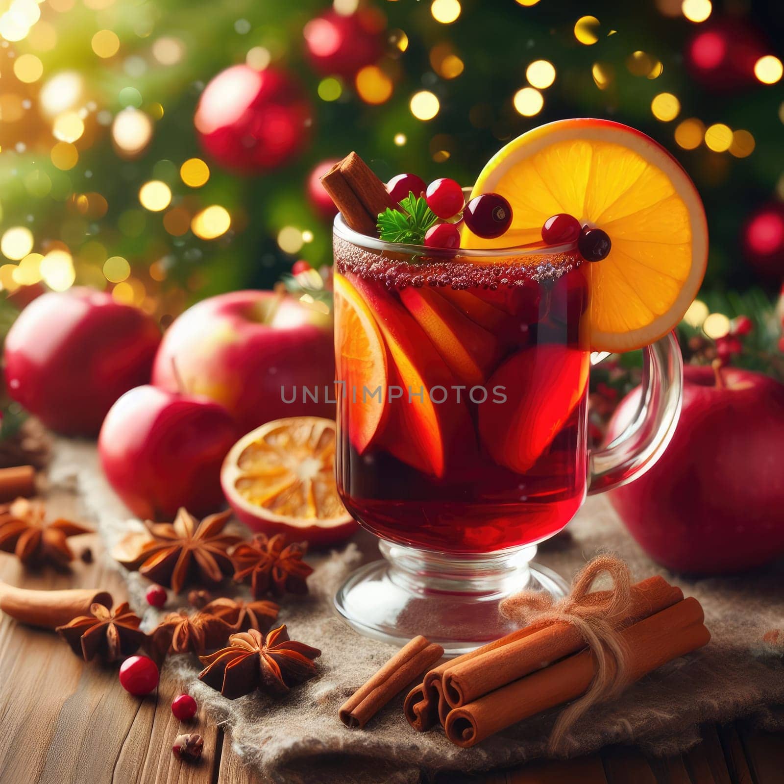 Christmas mulled wine with apple, cranberry, orange, spices and chocolate on a wooden table.