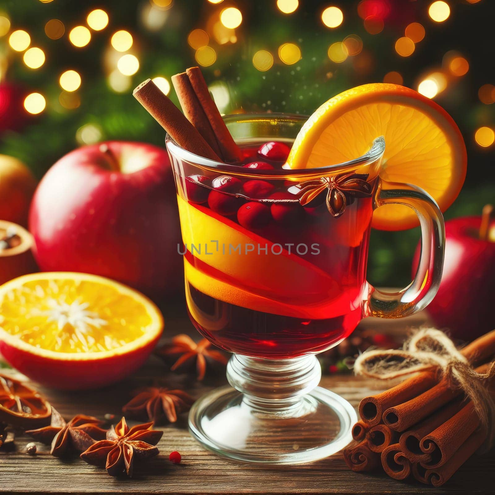 Christmas mulled wine with apple, cranberry, orange, spices and chocolate on a wooden table.