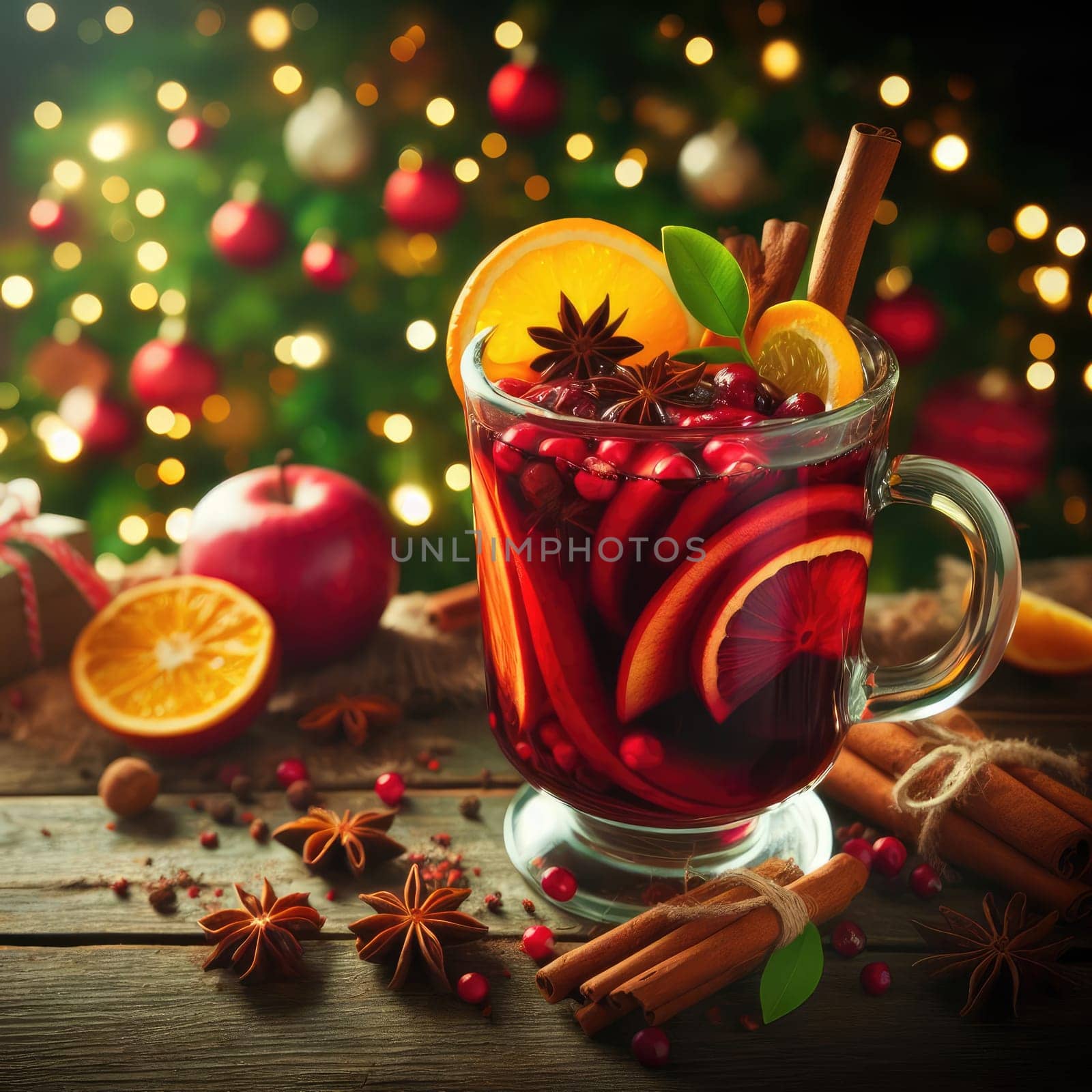 Christmas mulled wine with apple, cranberry, orange, spices and chocolate on a wooden table.