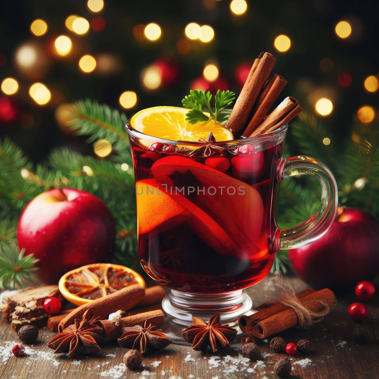 Christmas mulled wine with apple, cranberry, orange, spices and chocolate on a wooden table.