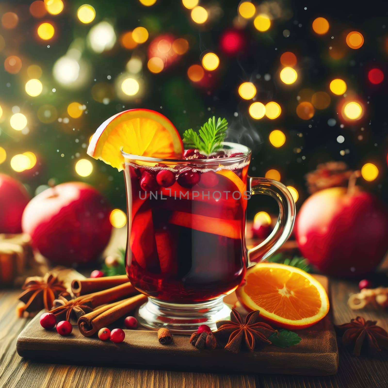 Christmas mulled wine with apple, cranberry, orange, spices and chocolate on a wooden table.