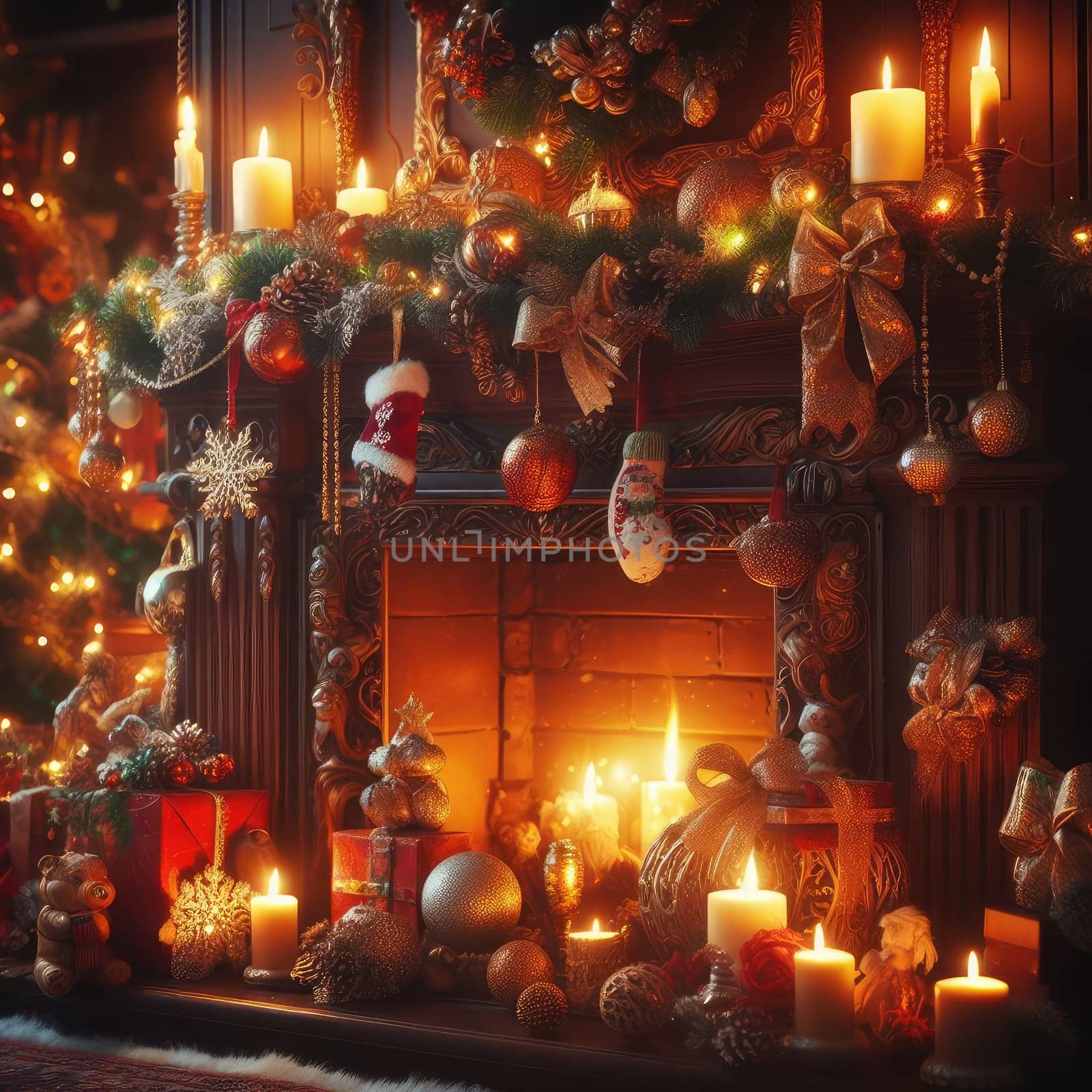 traditional Christmas decorated living room with holiday garlands and dinnerware. Interior of traditional and authentic season cozy setting celebrating religious event.