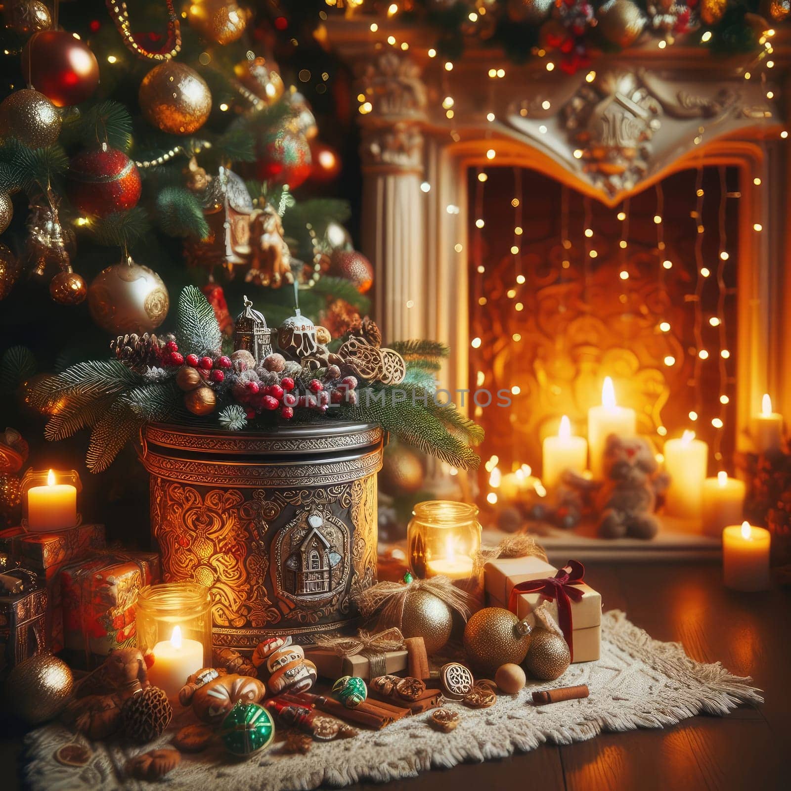 traditional Christmas decorated living room with holiday garlands and dinnerware. Interior of traditional and authentic season cozy setting celebrating religious event.