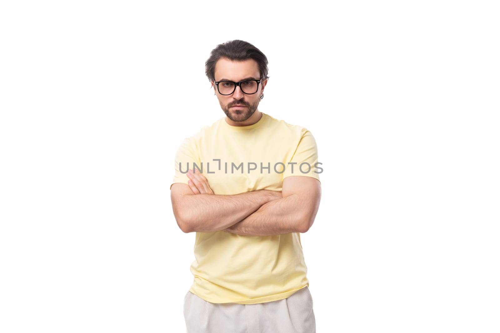 young smart brunette man with a black beard and mustache dressed in a T-shirt by TRMK