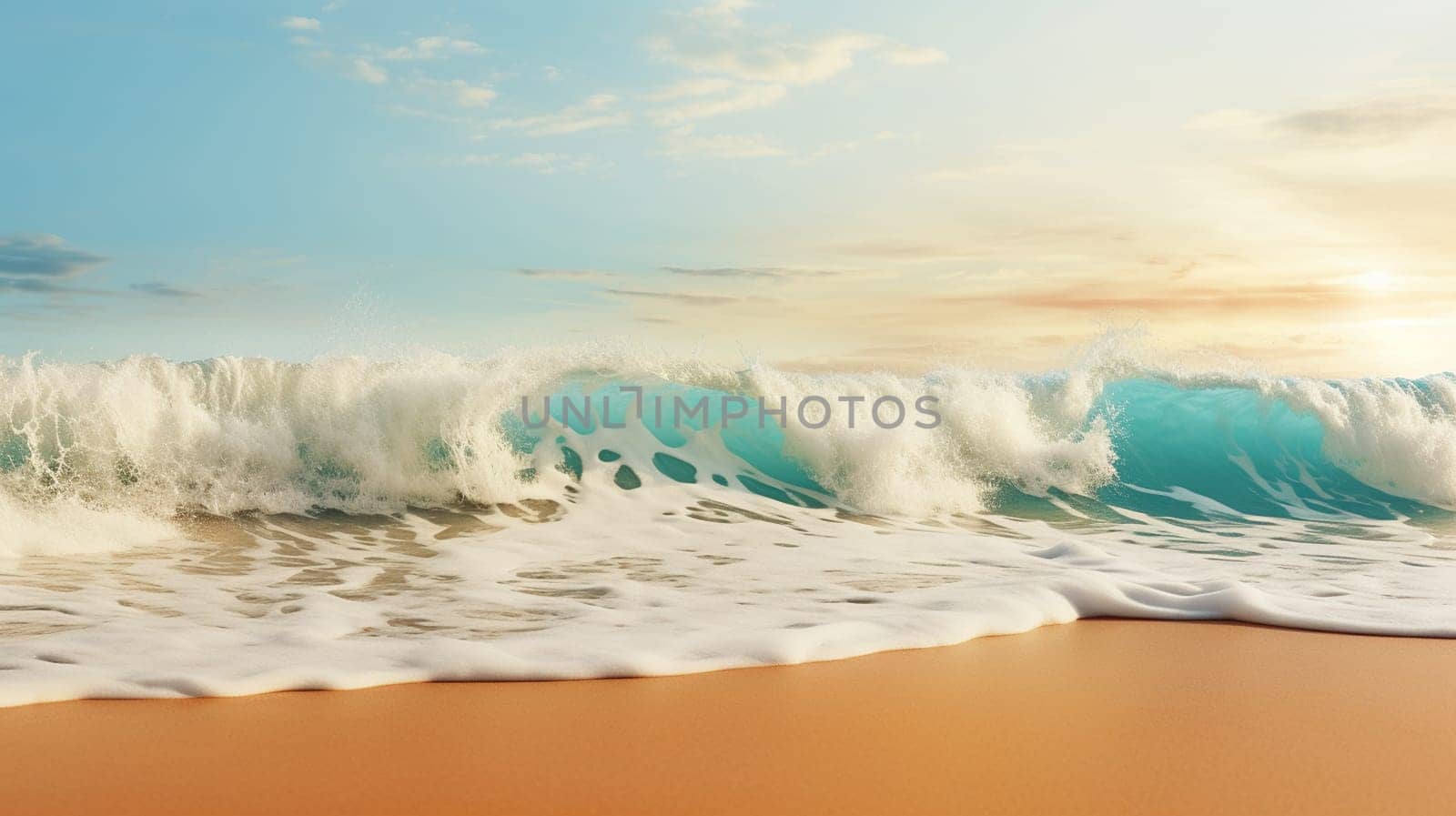 Closeup sea sand beach. Panoramic beach landscape. Inspire tropical beach seascape horizon. Orange and golden sunset sky calmness tranquil relaxing sunlight summer mood. Vacation travel holiday banner by Andelov13