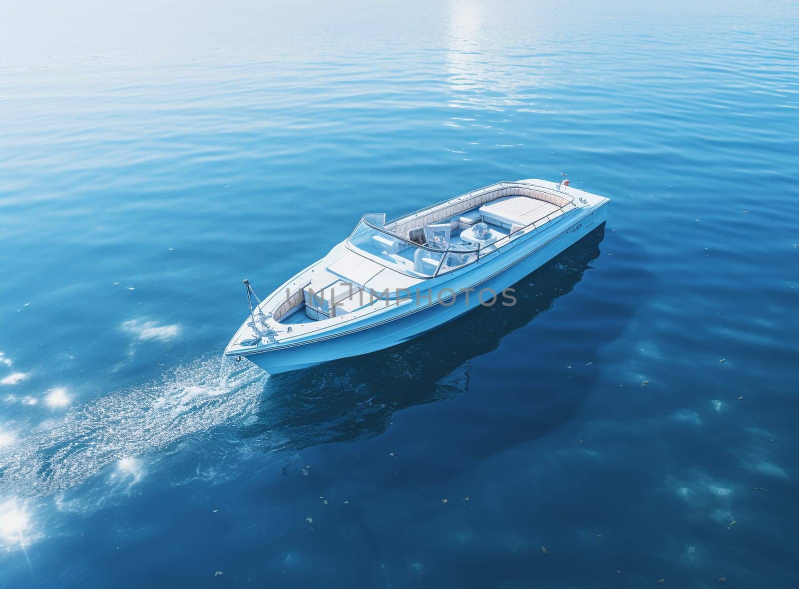 Aerial drone photo of small luxury yacht cruising in deep blue sea near Aegean island, Greece by Andelov13