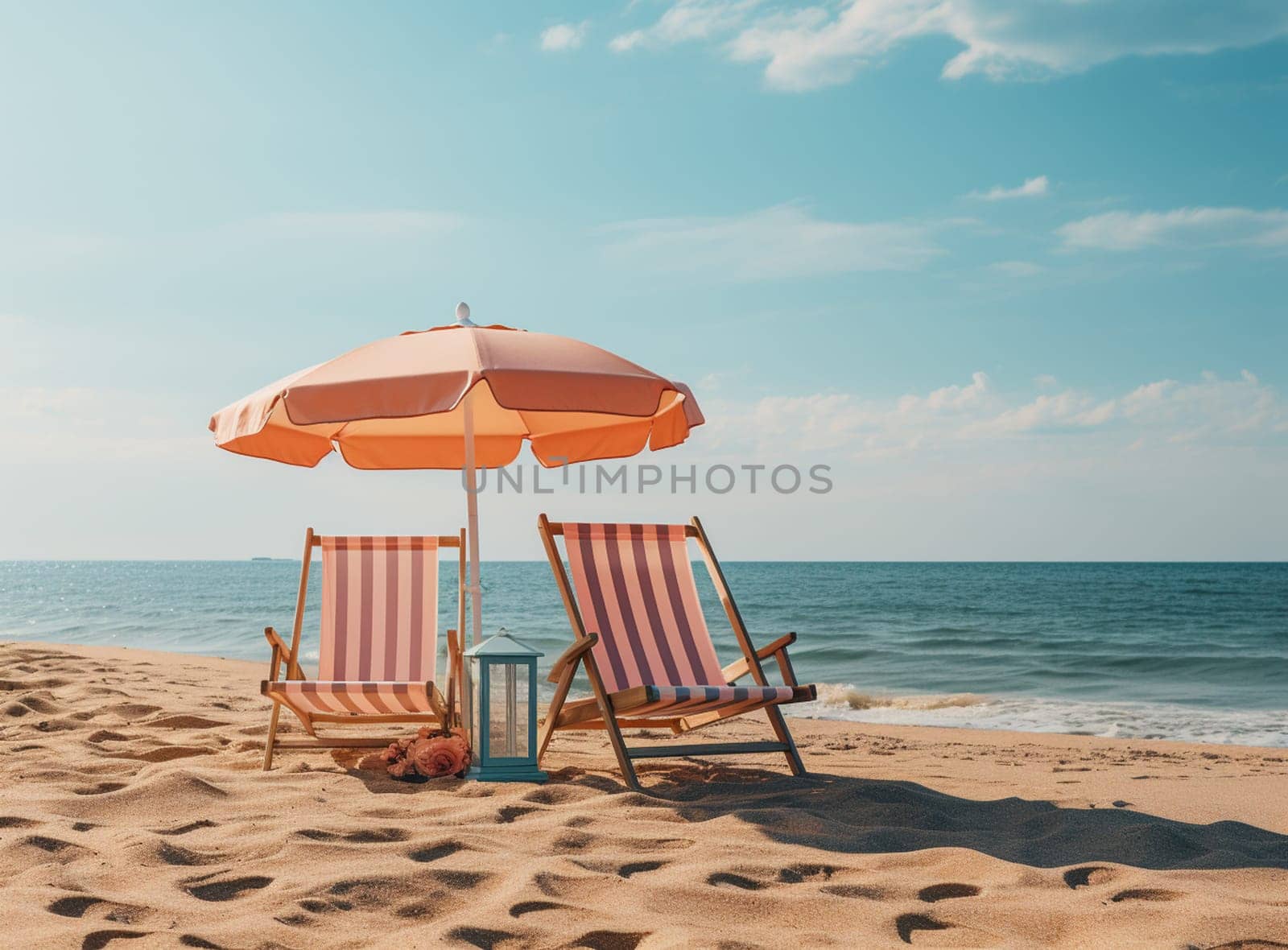 Waiting for tourists. Empty sun loungers stand under a canopy on the beach. High quality photo