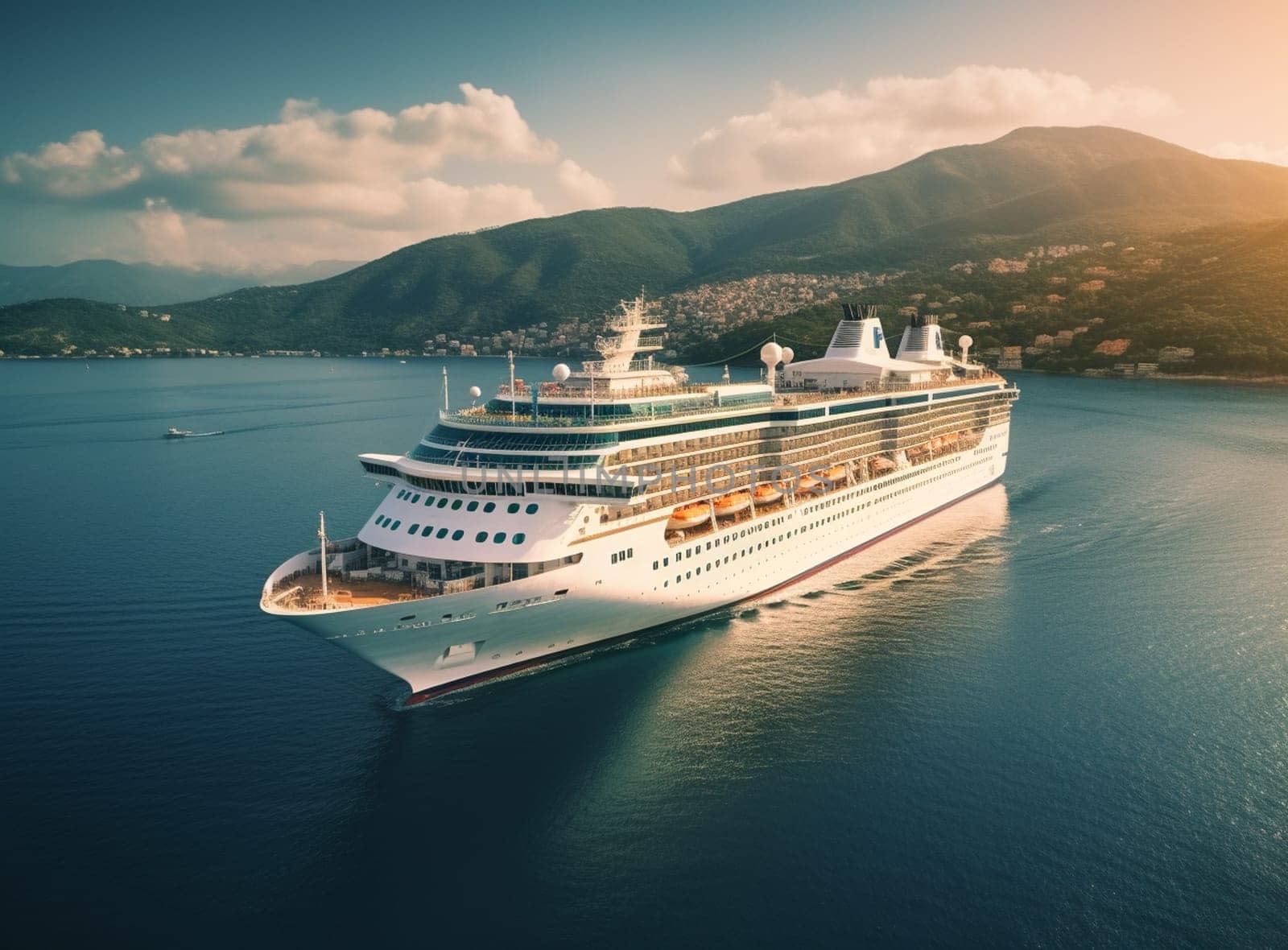 Cruise ship in a sea against a dramatic sunset sky. High quality photo