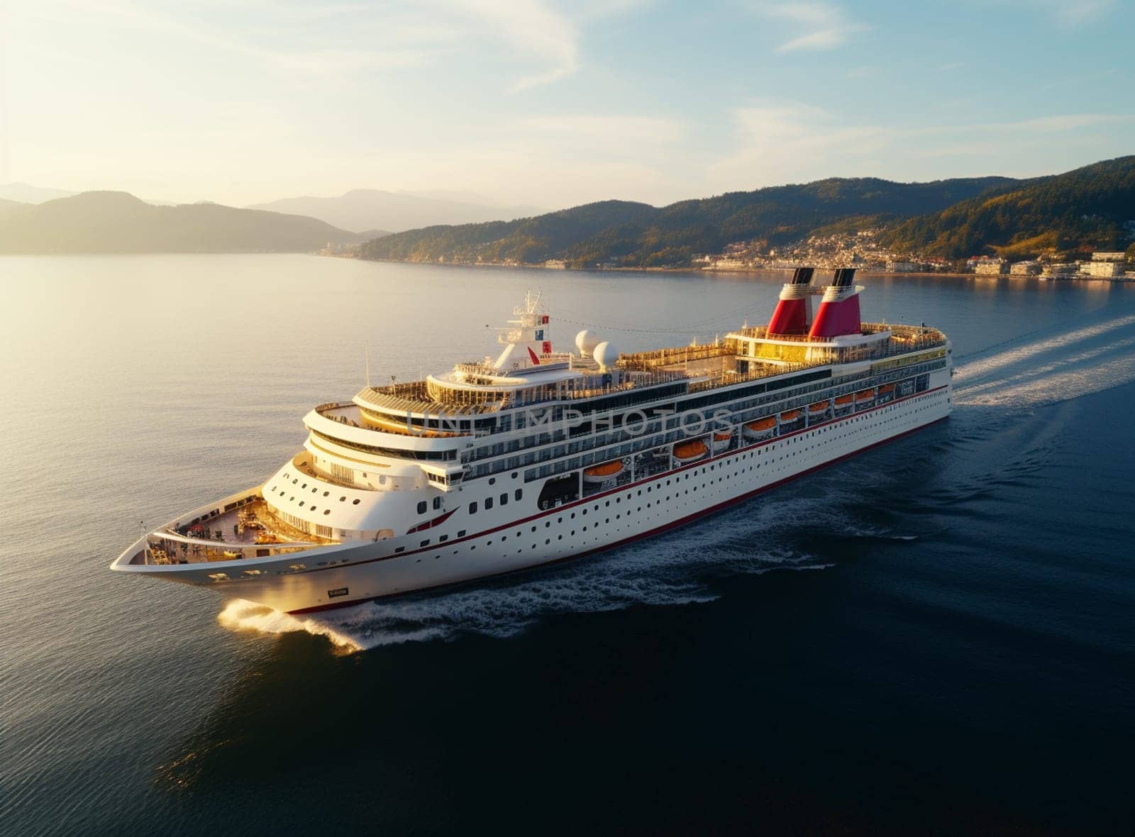 Luxury cruise ship sailing to port on sunrise . High quality photo
