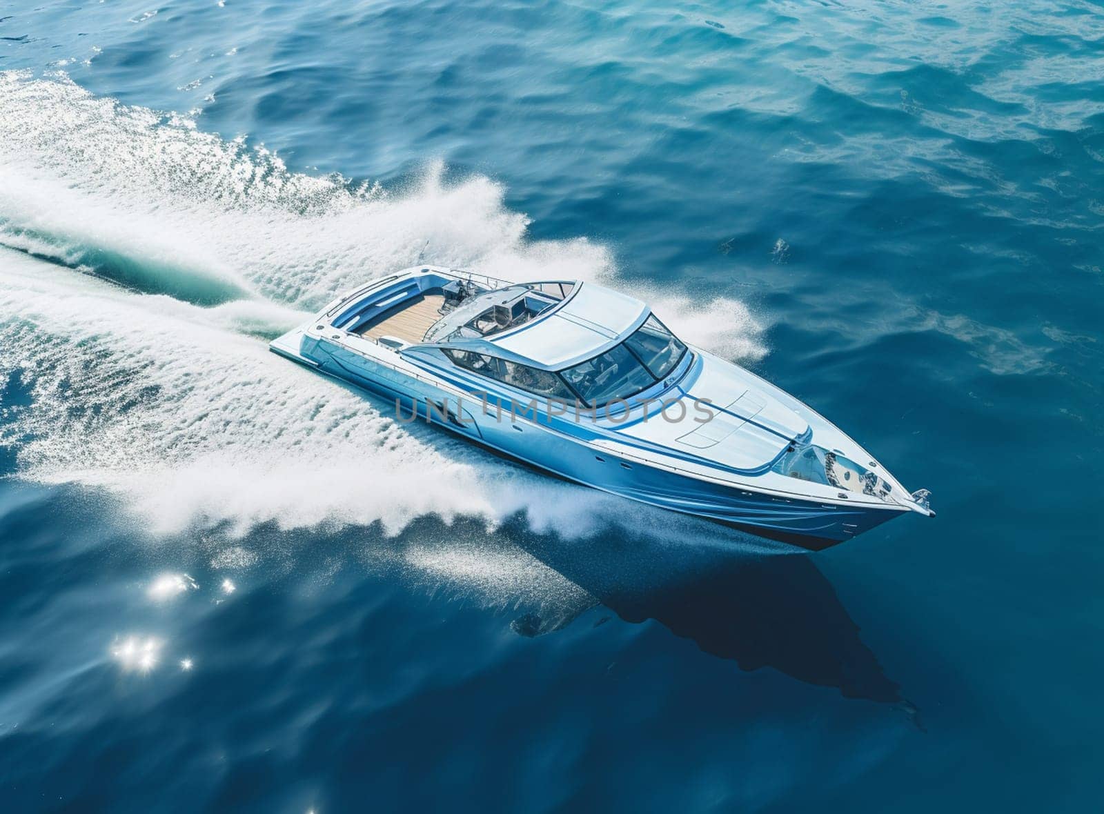 Speed boat movement at high speed aerial view. High-speed yacht of blue color fast motion on blue water in the rays of the sun top view. by Andelov13