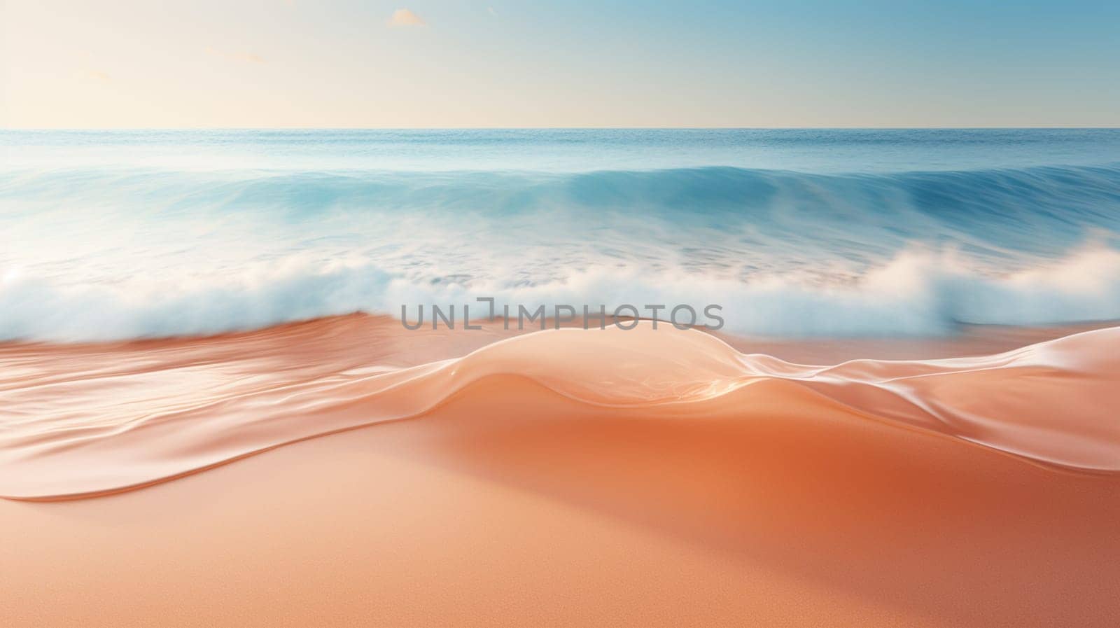 Closeup sea sand beach. Panoramic beach landscape. Inspire tropical beach seascape horizon. Orange and golden sunset sky calmness tranquil relaxing sunlight summer mood. Vacation travel holiday banner. High quality photo
