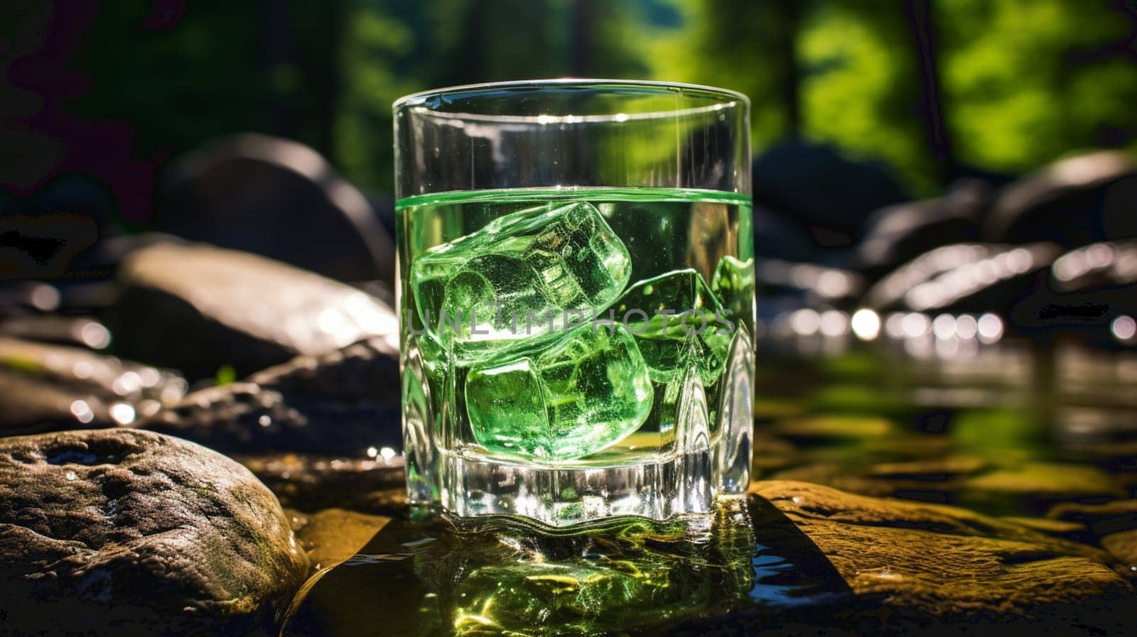 Water with ice in a glass with a green glow. Refreshing cocktail on a black background. High quality photo