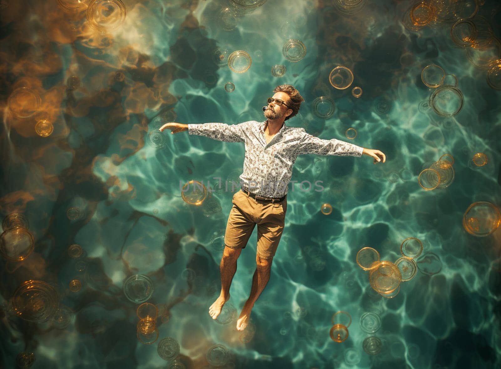 Young man swimming in the blue water. High quality photo