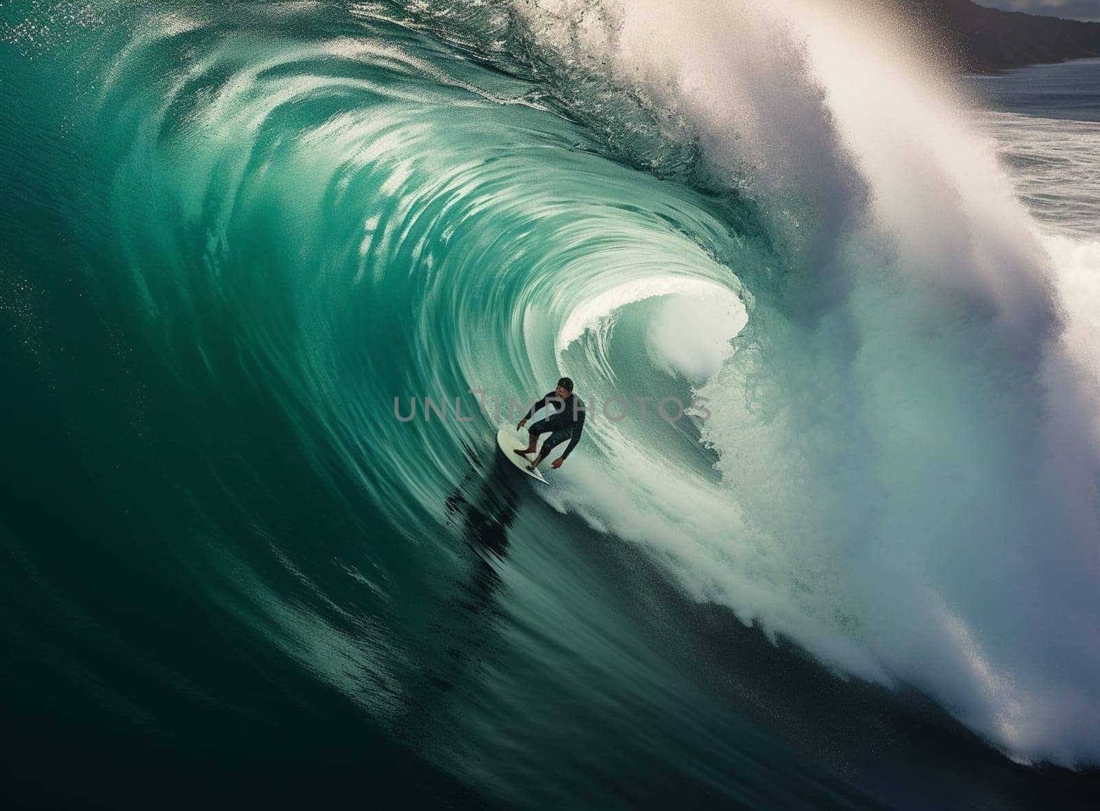 Surfer on the crest of a wave. Layers of turquoise and blue paints. Artistic work. High quality photo