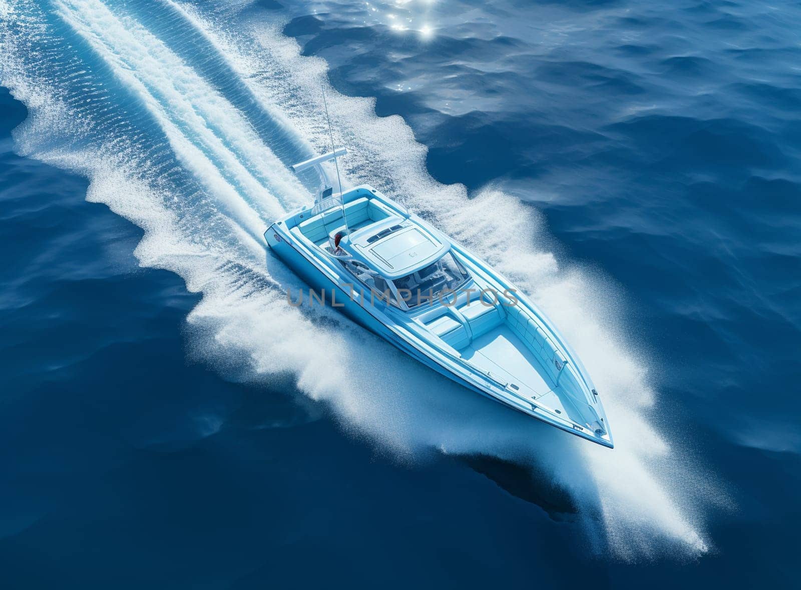 Speed boat movement at high speed aerial view. High-speed yacht of blue color fast motion on blue water in the rays of the sun top view. by Andelov13