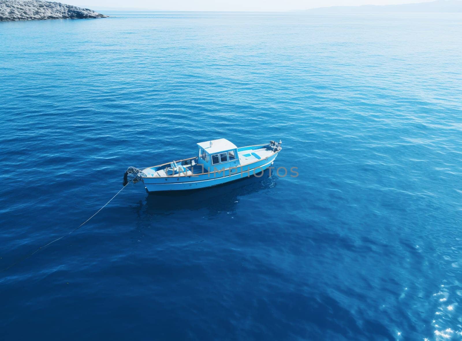 Aerial drone photo of small luxury yacht cruising in deep blue sea near Aegean island, Greece by Andelov13