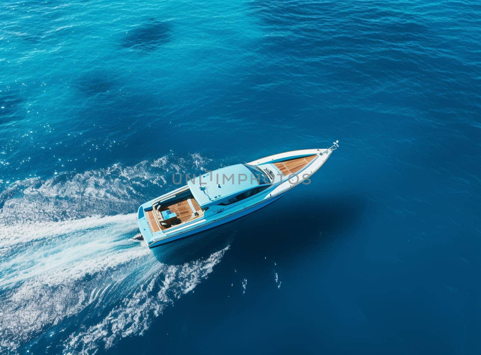 Speed boat movement at high speed aerial view. High-speed yacht of blue color fast motion on blue water in the rays of the sun top view. High quality photo